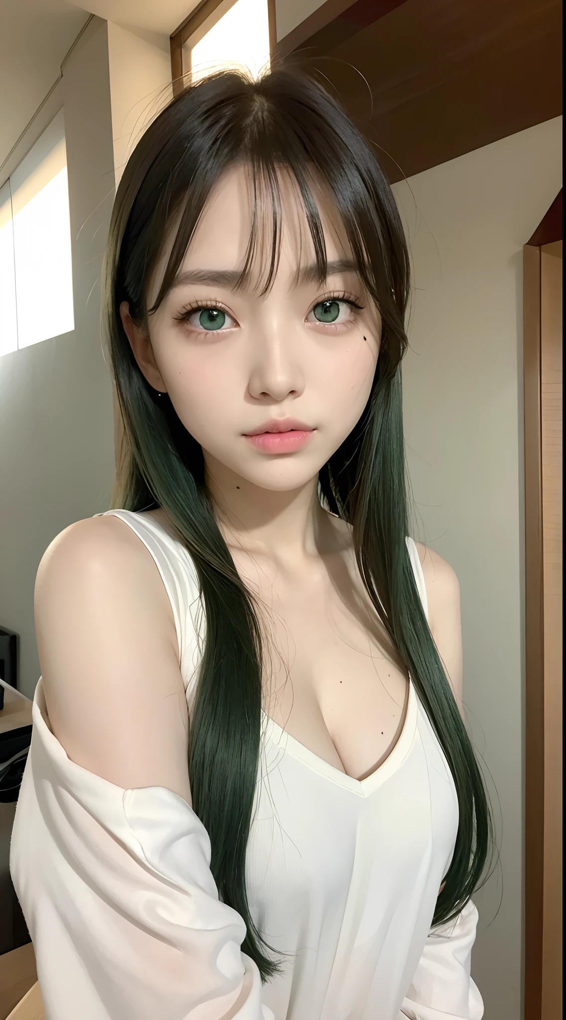 Green eyes、Her skin is very beautiful