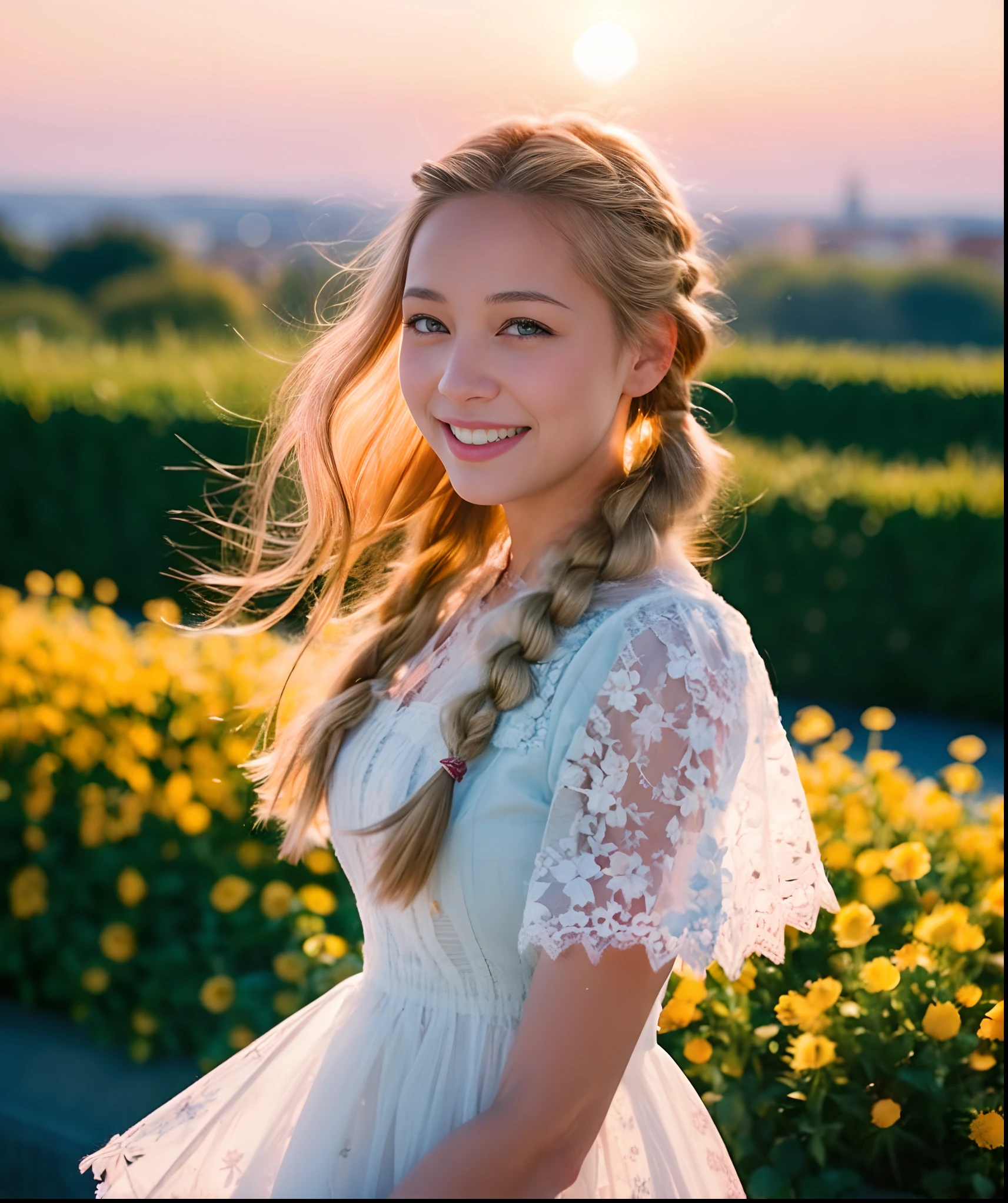 best quality, masterpiece, extremely detailed, detailed background, 1girl, solo, yellow hair, blue eyes, braid, long hair, wavy hair, fluffy hair, ponytail, french braid, blush, smile, capelet, lace trim, bodice, sunset, dusk, scenery, high place, horizon, wind, wind blow, flowerbed, looking at viewer, depth of field, bokeh