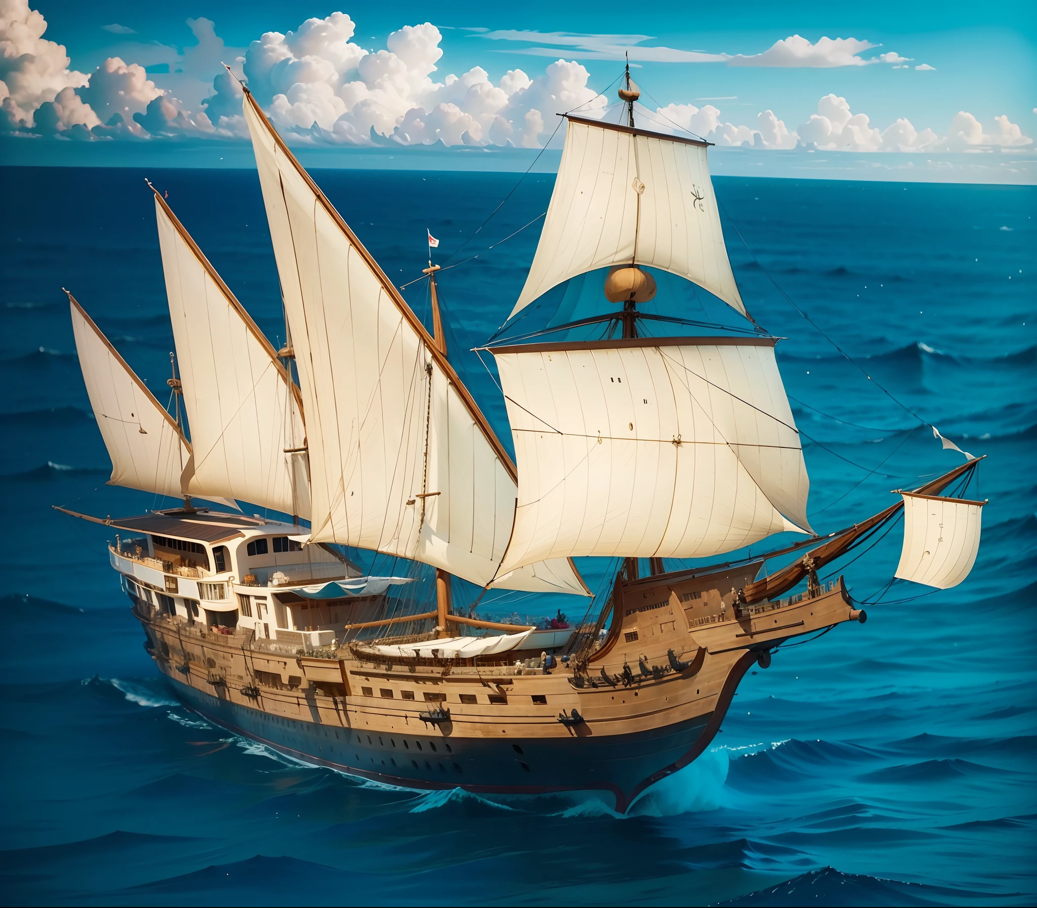 Show the whole and complete medium size caravel ship,There are only four masts in total, Early 16th century, large size and quite streamlined and quite board hull, The sails have several pieces, 62 feet long, 21 feet wide, 12 feet wide. The boat is characterized by being strong enough, but low maneuverability, it can withstand high waves, spacious, 250 tons. The hull is high volume, The side of the ship is high, 1Aftercastle