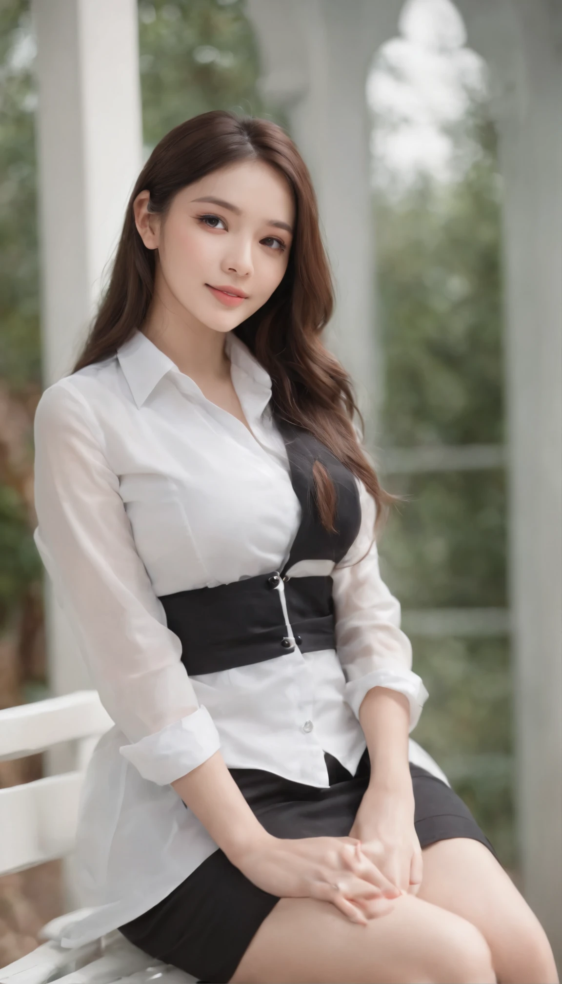 best qualtiy，​master piece，超A high resolution，(Real Light),（Lifelike：1.4），Photogram Raw，1girll，(Full body image，inside in room，Sit in a chair，Cross-legged)，The face looks great.，slim，An majestic，Small fresh，（White collared shirt，Black miniskirt），Smile，Long Black Hair，Beautiful Hair Jewelry，Beautiful  girl，Detailed scene, Exquisite digital illustration, detaileds，ultra-detailliert, cinematic quality, (Beauty and aesthetics，Beautiful big breasts)，Correct hand，anatomy correct, ((from the bottom))、bewitch、Yaldai Construction、helmets、Work clothes、