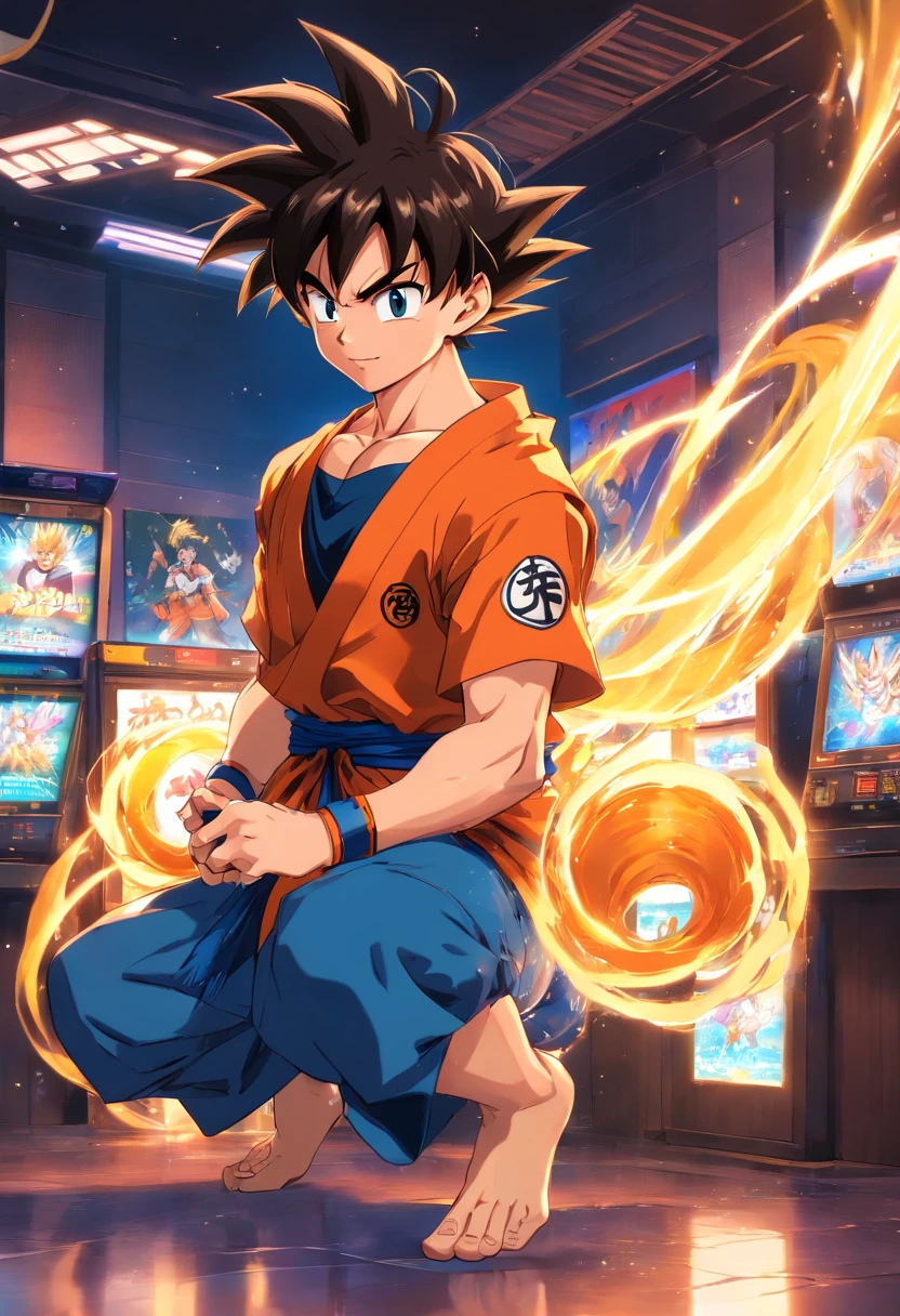 Goku from dragonball z, transformed into an anime style, with exaggerated unique facial features and clothing, playing on a well lit game room, backlit background highlighting the subject, high-contrast colors, 4K high-definition quality，young, smiling, handsome