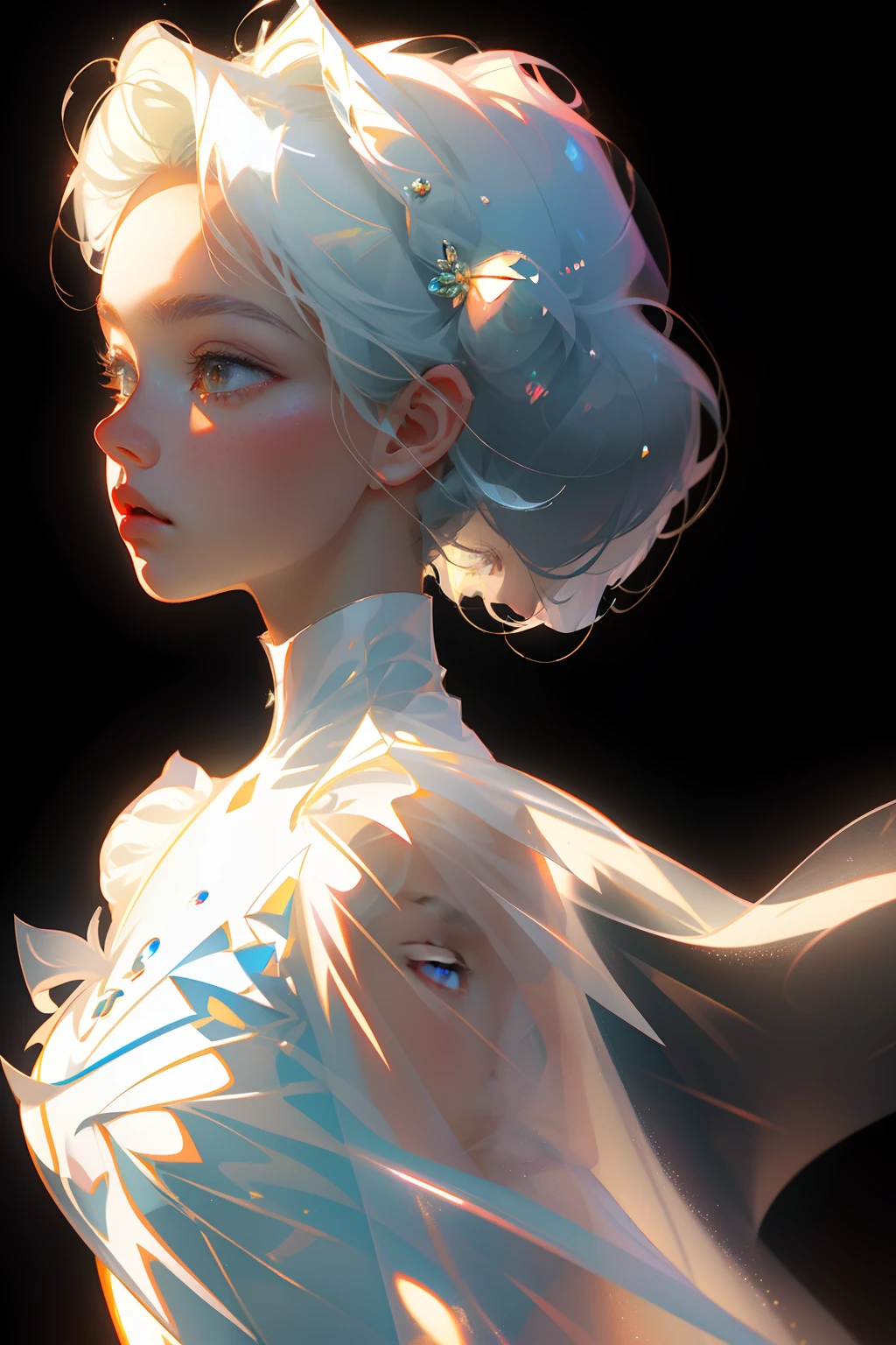 Highest quality,The perfect masterpiece,Perfect artwork,Official Works,8K,
(Upper Body Portrait:1.3),((Seen from the side:1.5)),close-up lens,Delicate face,
,White-haired girl,(hakuhatsu:1.5),short and medium hair,((White transparent eyes:1.5)),(white dress:1.2),(Transparent clothing:1.2),(Black background:1.3),
pearl illusion,Cyberpunk,fashion trend,3s material,high-definition,detail representation,c4d,3D,octane rendering,ray tracing,complex details,animated lighting,OCrenderer,
