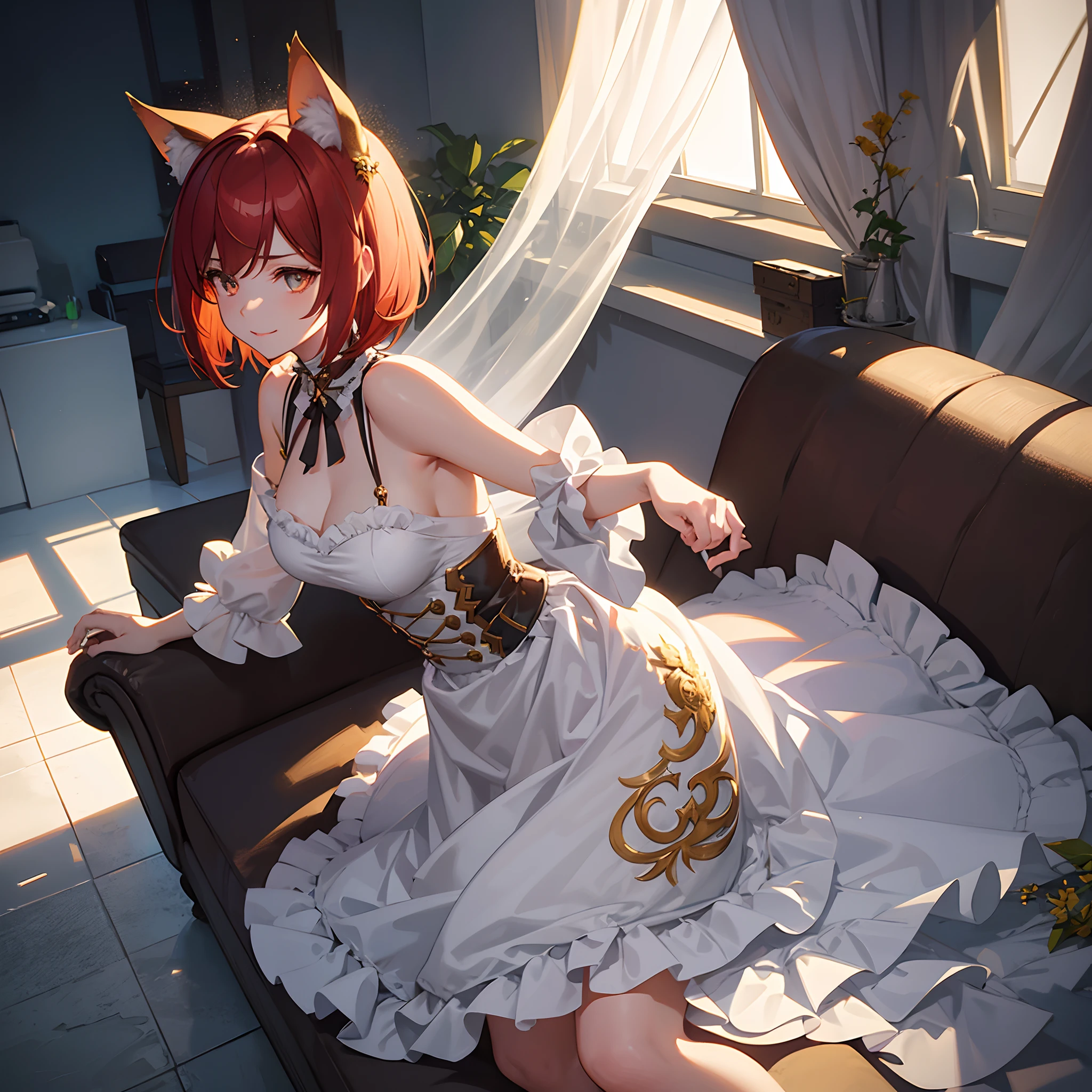 （girl cartoon illustration:1.3, highly detailed cat ears, highly detailed cat tail:1.3, Highly detailed beautiful frills maid clothes）, Very fine and beautiful red shortcut hair, Very detailed and beautiful golden eyes, break, extraordinary masterpiece, Highest quality:2, Detail description: 1.3, v-ray rendering:1.3, octane rendering:1.3, convey emotions Portrait, Light and shadow, cinematic lighting, Catchlight Eyes:1.3, color harmony, break, dynamic action, dynamic pose, detailed grassland, shy smile,