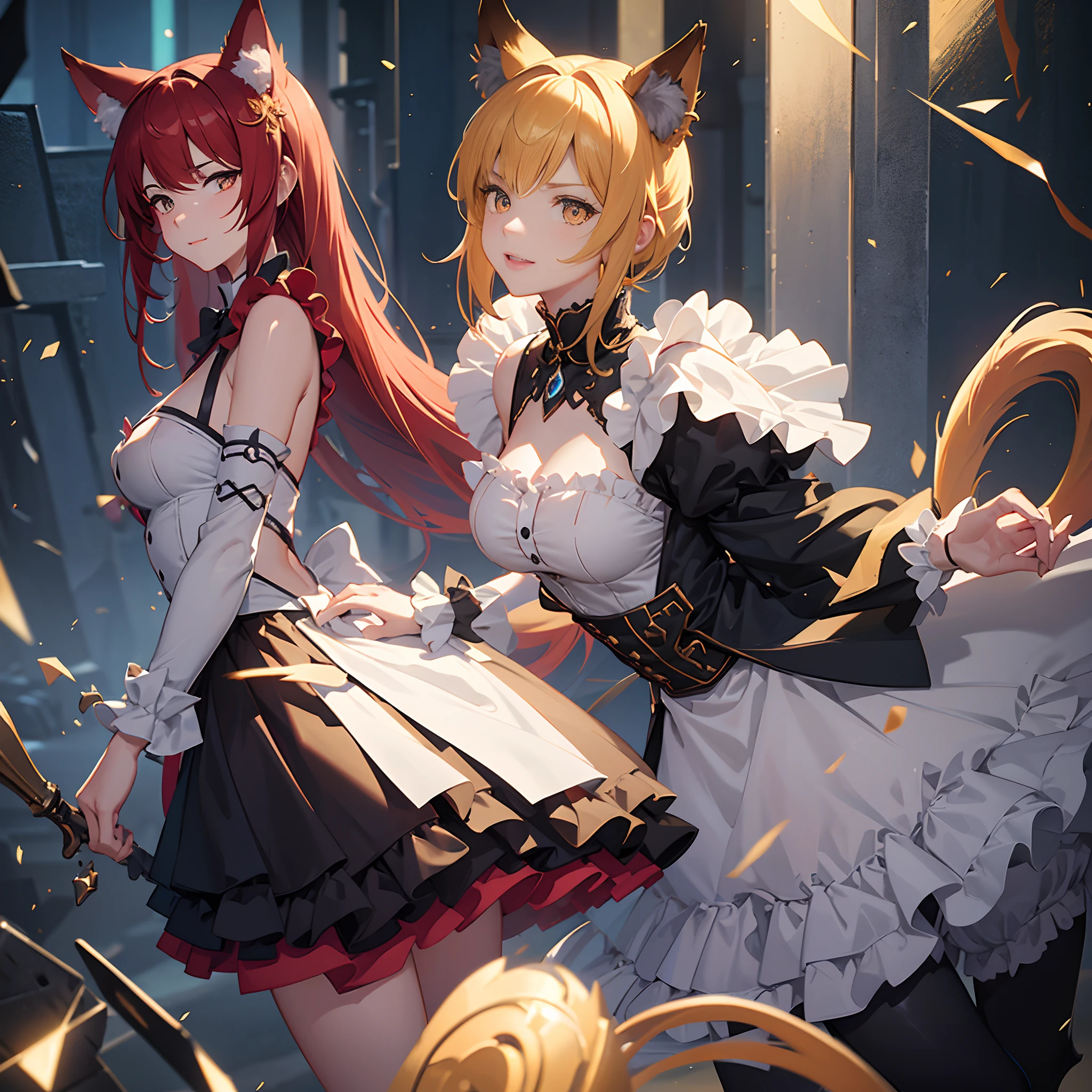 (girl cartoon illustration:1.3, highly detailed cat ears, highly detailed cat tail:1.3, Highly detailed beautiful frills maid clothes), Very fine and beautiful red shortcut hair, Very detailed and beautiful golden eyes, break, extraordinary masterpiece, Highest quality:2, Detail description: 1.3, v-ray rendering:1.3, octane rendering:1.3, convey emotions Portrait, Light and shadow, cinematic lighting, Catchlight Eyes:1.3, color harmony, break, dynamic action, dynamic pose, detailed grassland, shy smile,