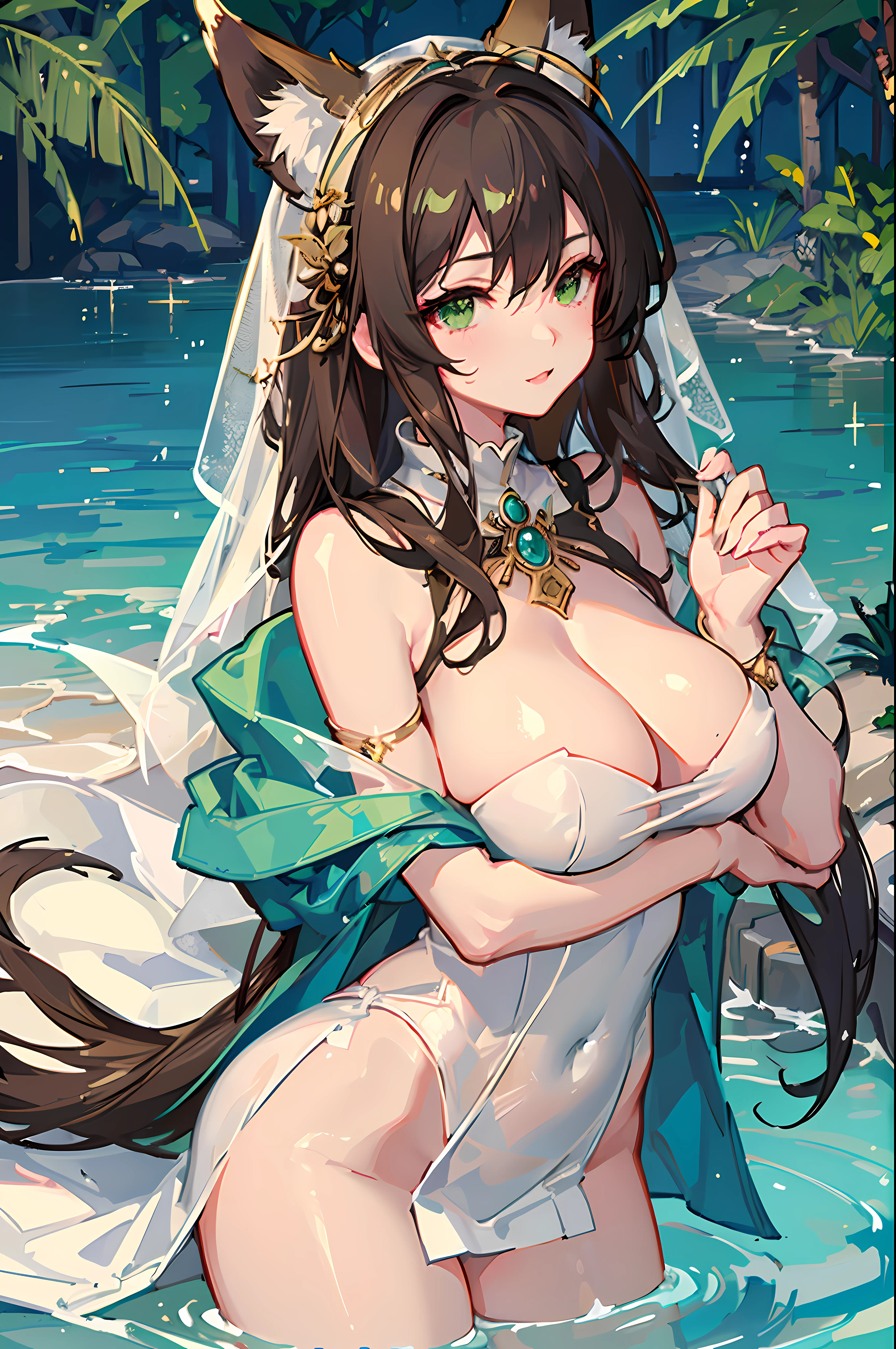 (Masterpiece, best quality, beautiful eyes, highly detailed, high res), 1girl, fox girl, fox ears, fox tail, brown hair, green eyes, mature woman, massive breasts, massive cleavage, white dress, sexy, veil, shiny skin, wet skin, water, goddess, wet clothes, shiny clothes,