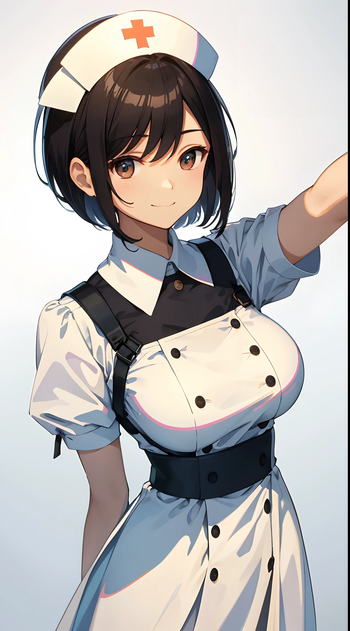 masterpiece、top-quality、detaile、hight resolution、extremely delicate and beautiful、Short bob with black hair、simple background、beutiful breast、nurse's outfit、Smile