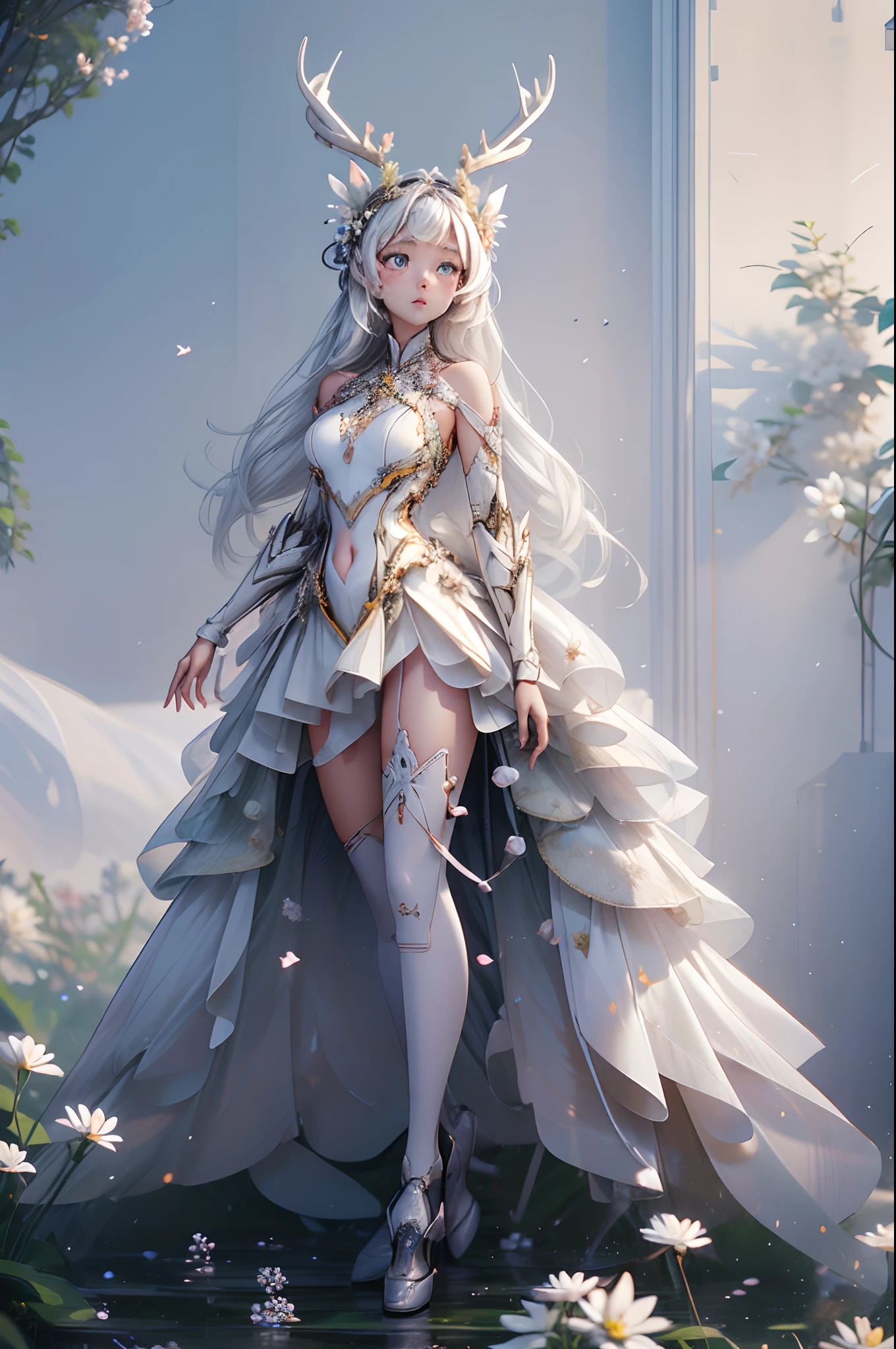 (masterpiece), (best quality), 8k resolution, 1girl, Asian girl, stunning beauty, perfect face, perfect body, mature female, 20yo, sexy, mecha armor, deer ear, huge deer horns, long hair, white hair, simple background, full body, deer body, white flowers at background