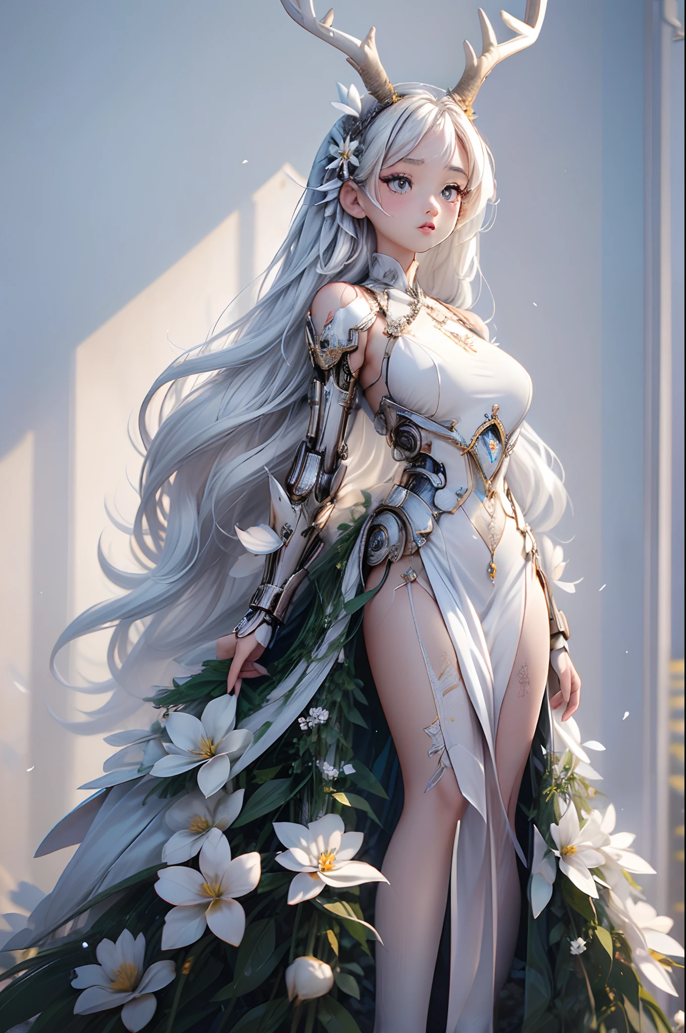 (masterpiece), (best quality), 8k resolution, 1girl, Asian girl, stunning beauty, perfect face, perfect body, mature female, 20yo, sexy, mecha armor, deer ear, huge deer horns, long hair, white hair, simple background, full body, deer body, white flowers at background