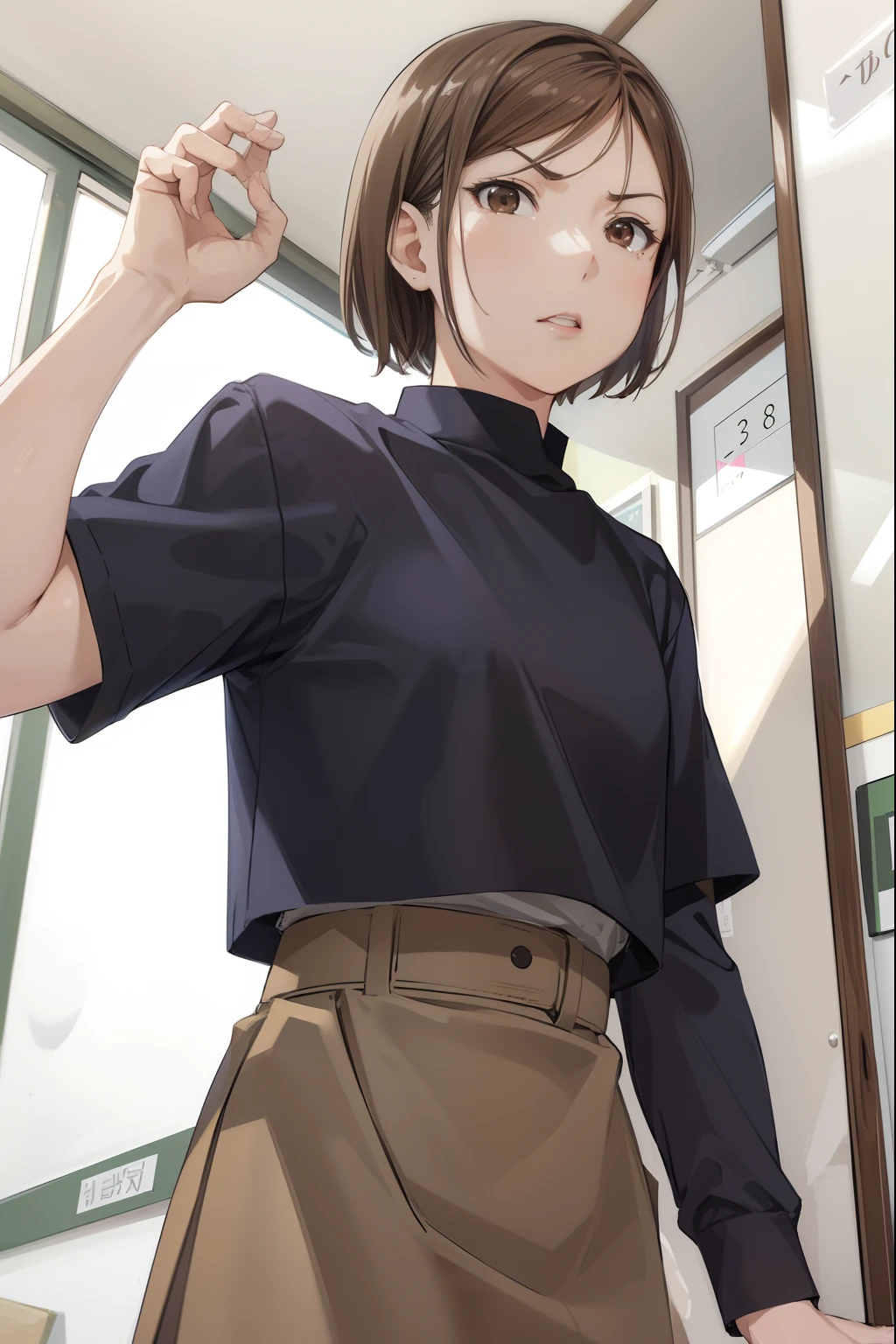 Hisatake Nohara, kugisaki-nobara, bob cuts, (Brown eyes:1.7), Brown hair, Lips, Short hair, Half-closed eyes, angry,
Brake belt, brown belt, Brown pantyhose, croptop, crop top overhang, Jiu-Jitsu Tech Uniform, pantyhose, Pleated skirt, shirt tucked in, Skirt, Blue skirt, Blue crop top,
BREAK looking at viewer,
Break indoors, crass room,
BREAK (masutepiece:1.2), Best Quality, High resolution, Unity 8k壁纸, (Illustration:0.8), (Beautiful detailed eyes:1.6), extra detailed face, Perfect Lighting, extremely details CG, (Perfect hands, Perfect Anatomy),