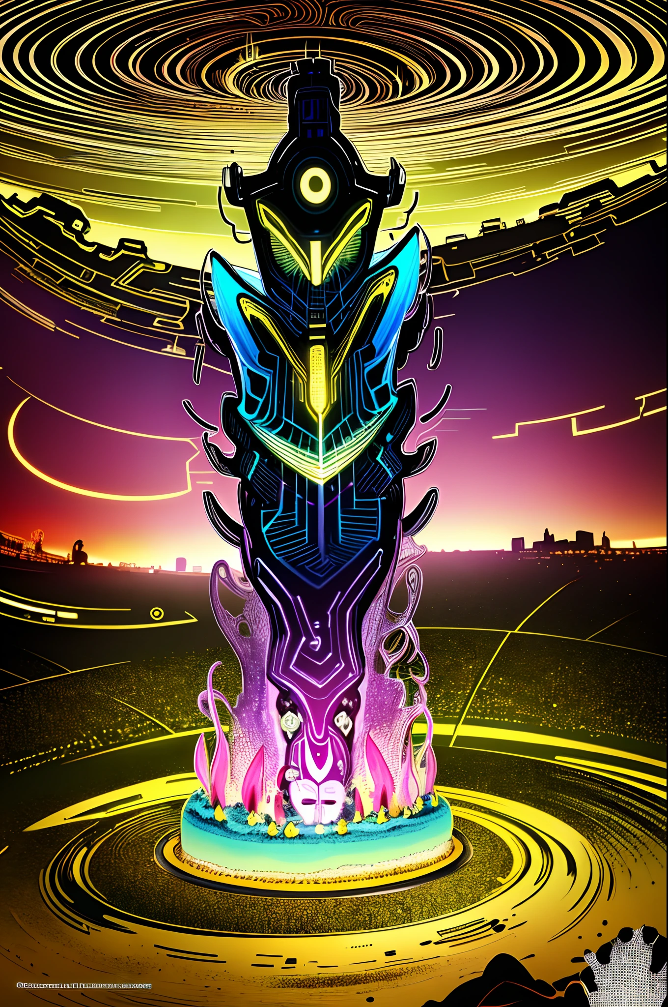 In a surreal fairy landscape, a cake is the central subject illuminated by the warm glow of the sun. The cake is colorful and has intricate details, featuring bizarre and funny elements. It is made of futuristic materials and has a cybernetic theme, combining both organic and mechanized components. The cake is surrounded by a surreal atmosphere, with a gritty and atmospheric feel. The landscape is filled with strange and surreal elements, creating a surreal and dreamlike scene. The colors of the cake are vibrant and vivid, contrasting with the moody and stylized background. The lighting is cinematic, creating a dramatic and eerie ambiance. This prompt aims to capture the imagination of the viewers and evoke a sense of wonder and curiosity.