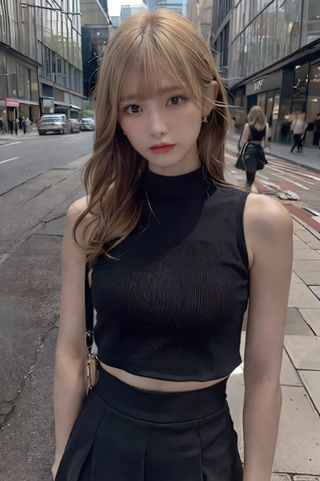 (Best Quality, masutepiece, Ultra HD: 1.3),（Realistic）,Hyper-Realism,blondehair,Shortcut Hair,eye make up：０.5,Pure bangs,hide one's hands,Black tight skirt,Black tops,Delicate lips,(beautidful eyes),(slender figures）,thin blush,View here,in the city street,