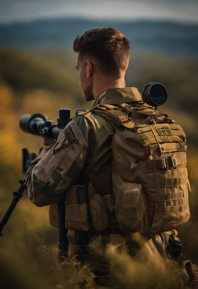 a man wearing camouflage military uniform, looking at a topographic map, (best quality, highres, realistic), detailed facial features, intense focus, rugged terrain, strategic location, precision navigation, mission briefing, military equipment, tactical camouflage, professional, serious expression, A4 size map, wooded area, military mission, hidden paths, covert operations.
