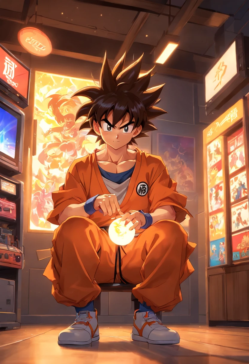 Goku from dragonball z, playing with nintendo switch or computer, transformed into an realistic style, with exaggerated unique facial features and clothing, playing on a well lit game room, backlit background highlighting the subject, high-contrast colors, 4K high-definition quality,young, smiling, handsome