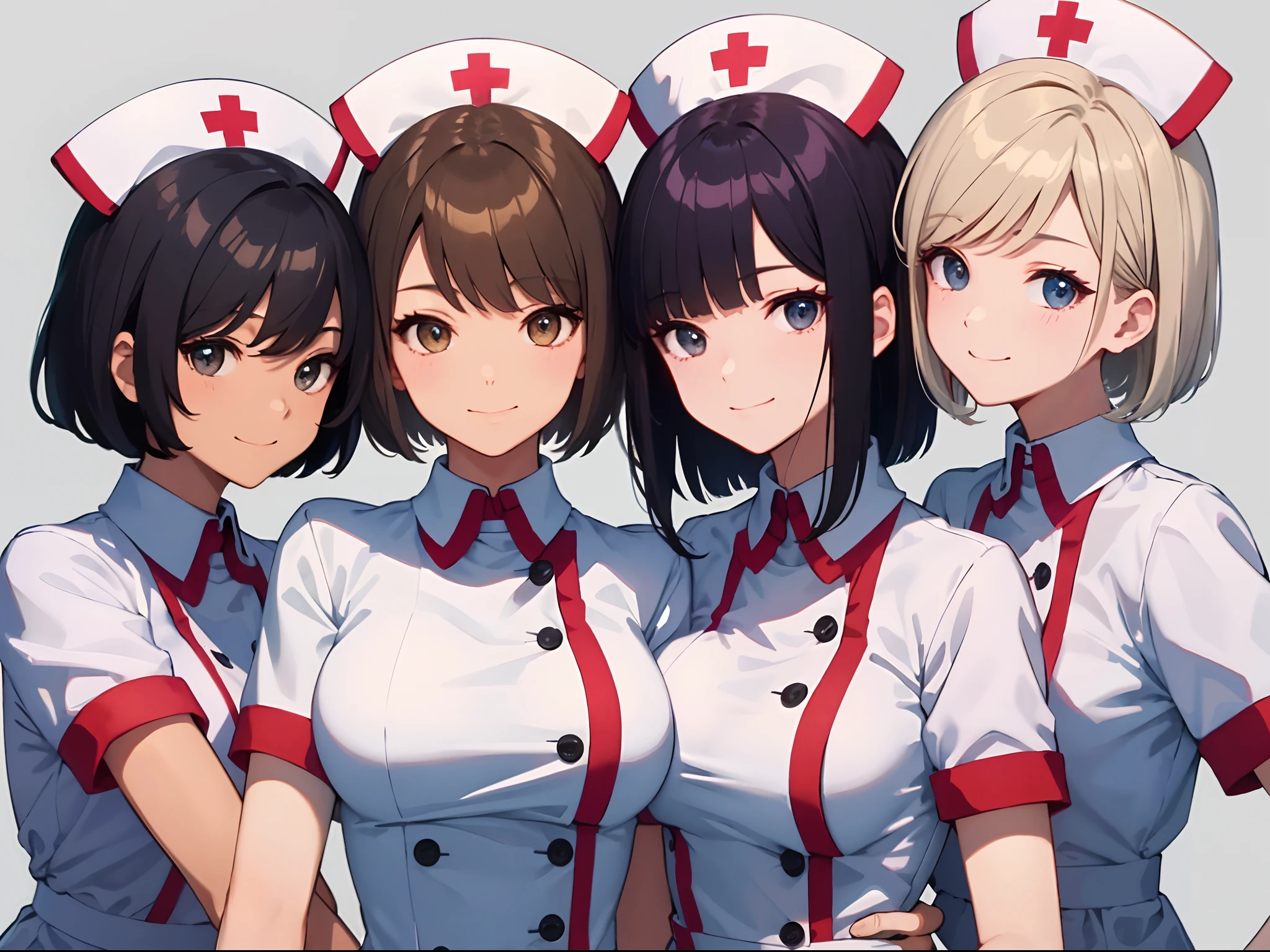 ​masterpiece、top-quality、detaile、hight resolution、extremely delicate and beautiful、Short bob with black hair、simple background、upper body closeup、beutiful breast、nurse's outfit、Smile、multiple female、5 women、4 females、3 women、