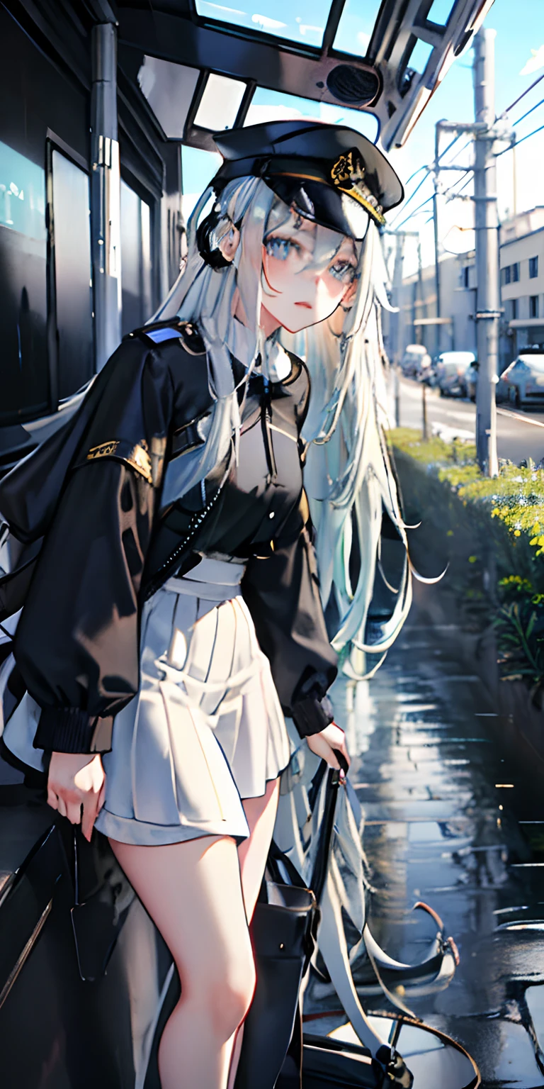 （tmasterpiece，best qualtiy），Afternoon in 1976，Tram stop after rain，Stasi black uniform，1girl，long  white hair，Wear black monitor headphones，blue color eyes
