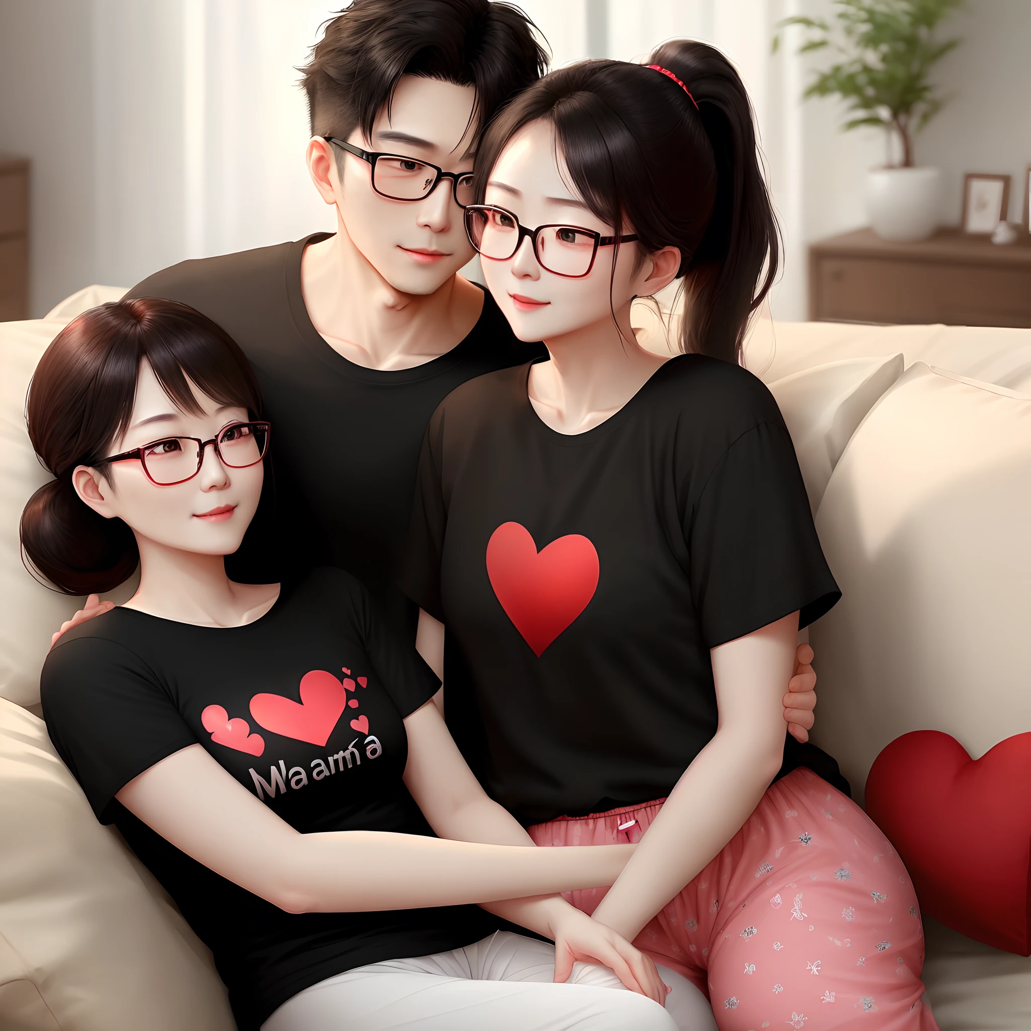 The husband lies on his wife's lap,My wife is playing with her phone,The light in the living room was ambiguous。The wife wears red heart-shaped pajamas,My husband was wearing a black t-shirt。The wife wears ponytail glasses,My husband wears black-framed glasses。