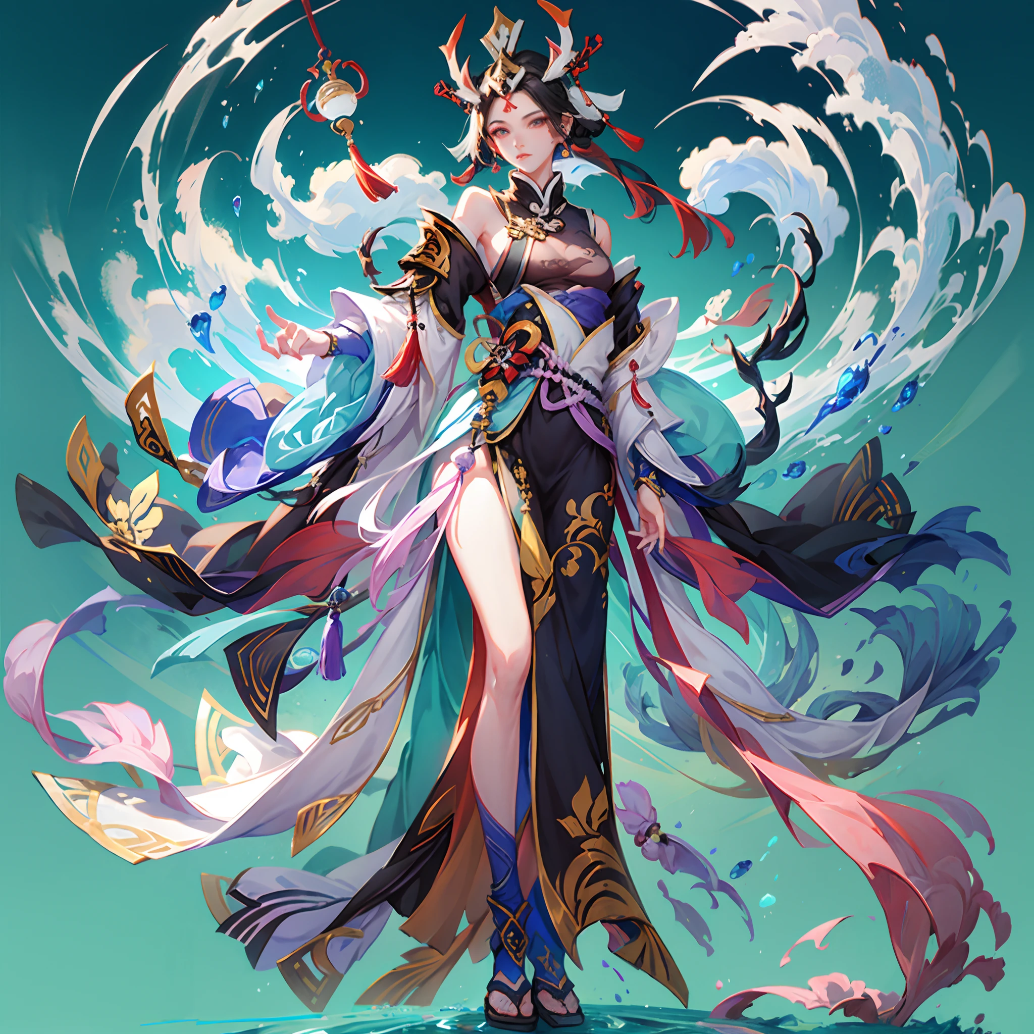 Game Character, East Asian Original Art Character Design, 1girll, Solo, Gray-haired, full body Esbian, hair adornments, Long hair, gradient, Gradient background, Jewelry, Bare shoulders, thighs thighs thighs thighs, Chinese clothing, Nipple Tassel, [:(Gradient background:1.5):40],a close up of a woman in a red and black dress, onmyoji detailed art, Onmyoji, full-body xianxia,