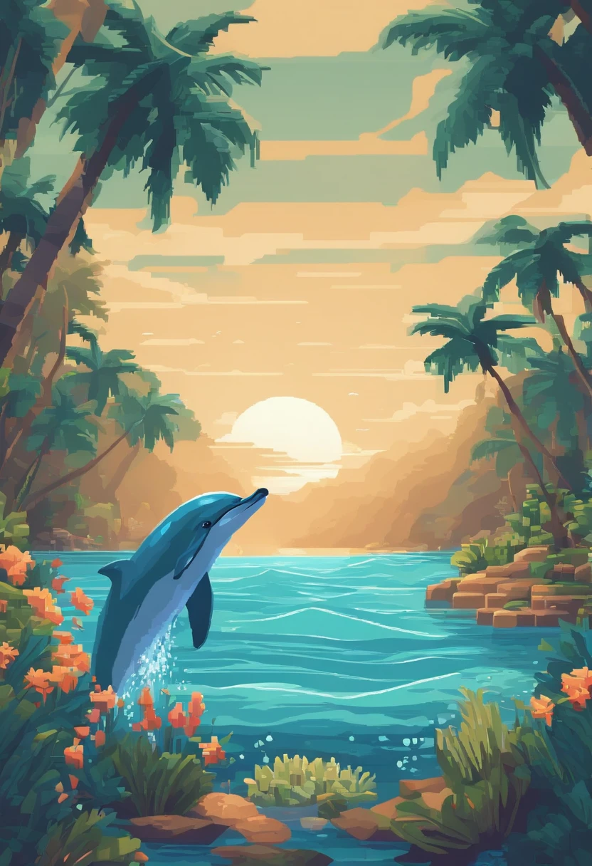 Pixel art de uma lua enorme nascendo no mar calmo, bela arte detalhada do pixel, pixel art detalhado, lo-fi retro videogame, Conceito PixelArt, arte detalhada do pixel, estilo pixel art, cidade de pixel, pixel art animation, pixel art de alta qualidade, Dolphins jump from the surface of the sea, arte lowpoly cor super detalhada, #pixelarte:3, # pixelarte, #pixelarte