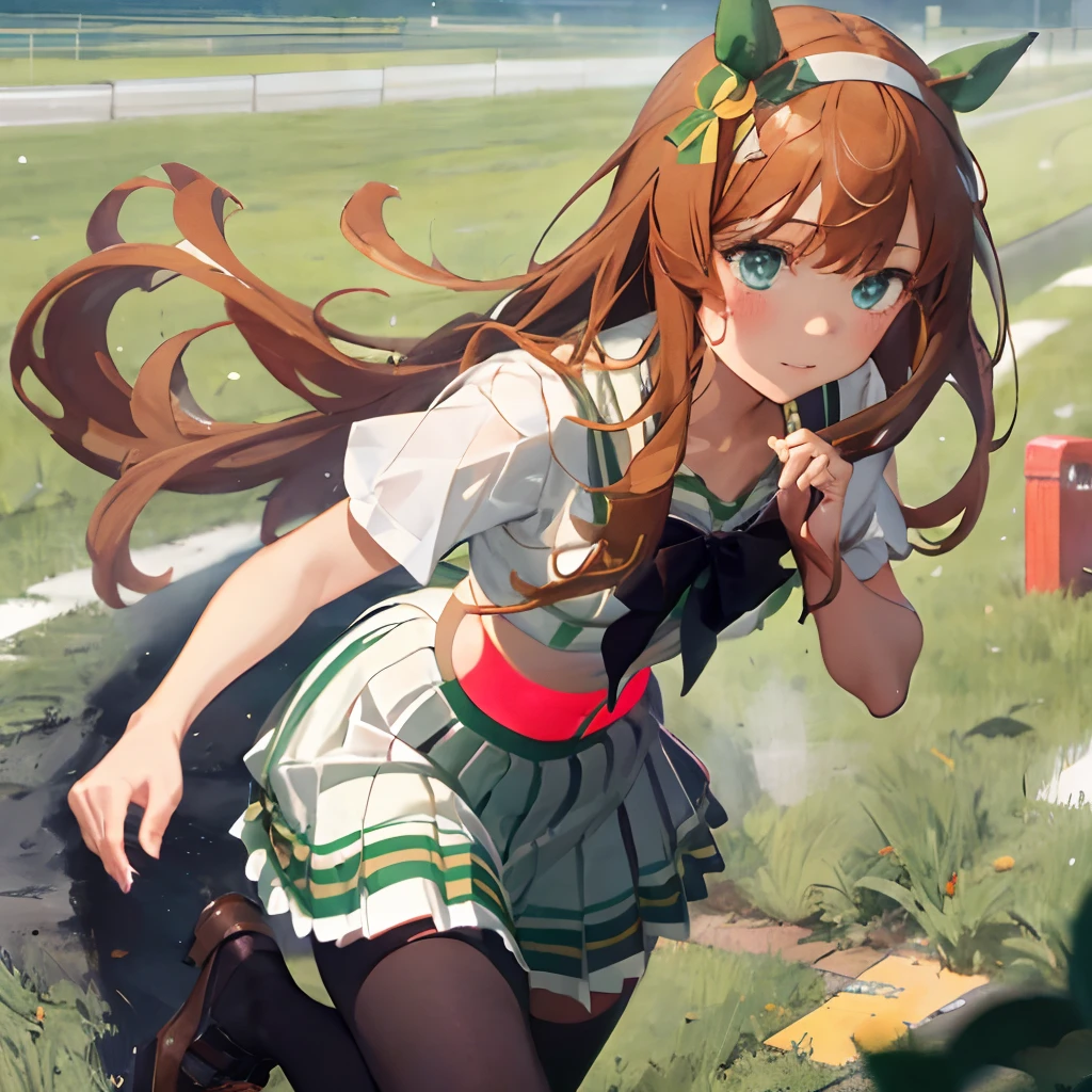 Masterpiece, Best Quality, close up, face shot,
silence suzuka \(umamusume\),, white skirt, pleated skirt, black tights, white bra with patches, black bow, running, Loose grass, heel, Butt view, full length, Srusy