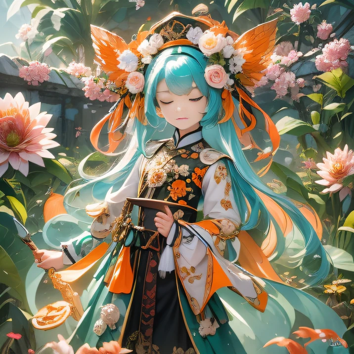Full body 32K(tmasterpiece,k hd,hyper HD,32K) GBFthalatha, Black gloves, black thighhigns, Cape, Draff, Light orange hair, Horns, earlobe, Miniskirt, Red skirt,, indoor, Cupcakes, cheerfulness, Closed eyes,(abstract ink splash:1.2)Rockery pond,zydink, a color, Asian people (faeries), (Silk scarf), Combat posture, looking at the ground, Large rolls of rouge, Flowing silk,Red onyx emerald emerald headdress, Chinese long-sleeved gold silk garment, lightblue hair(Abstract propylene splash:1.2), Peony flower background,Water lily flower protector(realisticlying:1.4),Light orange hair,The sky is in full swing,Void background pure, A high resolution, the detail, RAW photogr, Sharp Re, Nikon D850 Film Stock Photo by Jefferies Lee 4 Kodak Portra 400 Camera F1.6 shots, Rich colors, ultra-realistic vivid textures, Dramatic lighting, Unreal Engine Art Station Trend, cinestir 800,With his eyes closed,Flowing light orange hair,Masterpiece, Best quality, Genni, shairband, Impeccable
