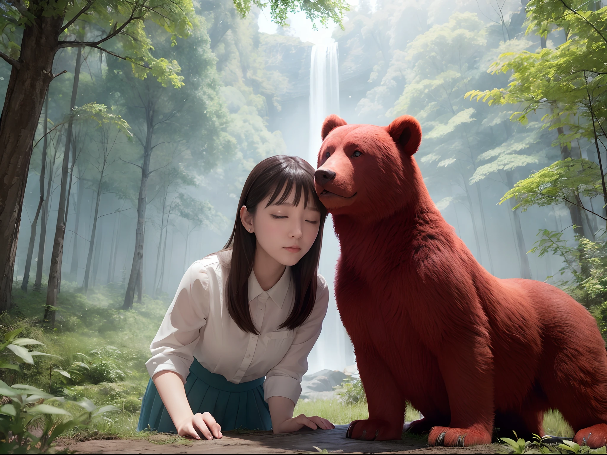 female students and the red bear are falling asleep in the forest, sharp focus, 8k, perfect composition, trending on art station, award-winning photograph, cinematic smooth, intricate detail, highly detailed, from below, splash, fractal art, god ray, rainbow, snow,