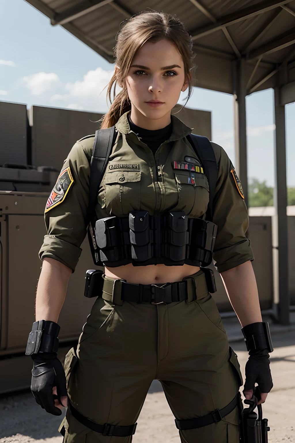 Sommersprossen im Gesicht, stehend, full-body shot, mechanisiertes Soldatenmädchen, Leise von Metal Gear Solid, Soldatenmädchen, in military uniform, Infantry Girl, Emma Watson Vietnam-Torschützin, Dieselpunk Soldier Girl, military uniform, Soldier Costume, Leise von Metal Gear Solid V, Military Girl, Weiblicher Solo-Charakter, Army Damenbekleidung, von Metal Gear