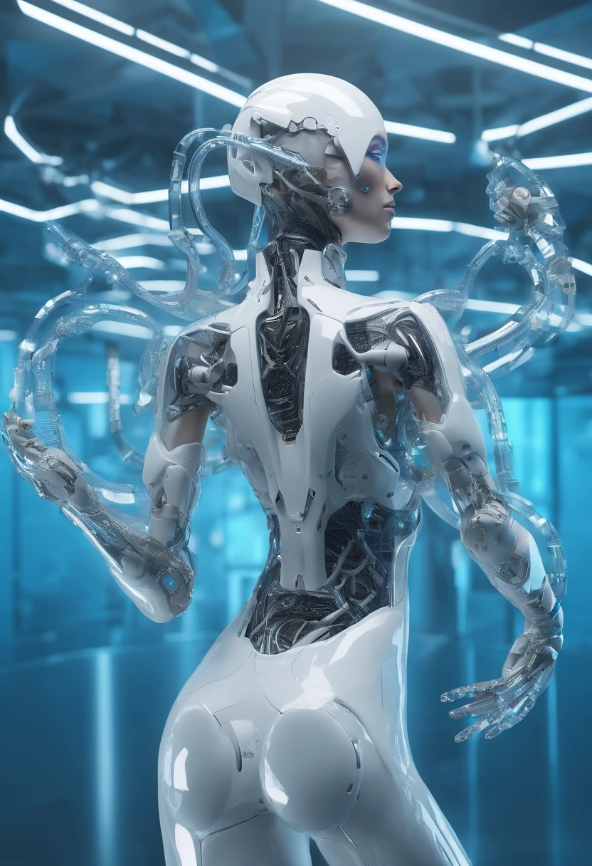 Cyborg Woman emerging from a pool of White liquid, top half of her body is visible, (((She is coming out of the liquid towards the camera))), (((See Through Body, Blue LED Eyes, Clear Glass body))), Electronic Systems inside body clear to see, Detailed Brain in Sight, Detailed connection wire, mechanical limbs, tubes connected to the mechanical parts, mechanical vertebrae attached to the spine, mechanical cervical attachment to the neck, wires and cables connecting to the head, (((In a Pool of White Liquid)), Cybernetics, Cyberpunk, Canon M50, 100mm, Sharp Focus, Hyperrealism, Very detailed, Intricate Details, Full Body View, small glowing LED lamps, global lighting, deep shadows, Octane Rendering, 8K, Ultra Sharp, Metal, Intricate Ornament Details, baroque details, Very intricate details, realistic light, facing the camera, neon details, (android manufactory in background)