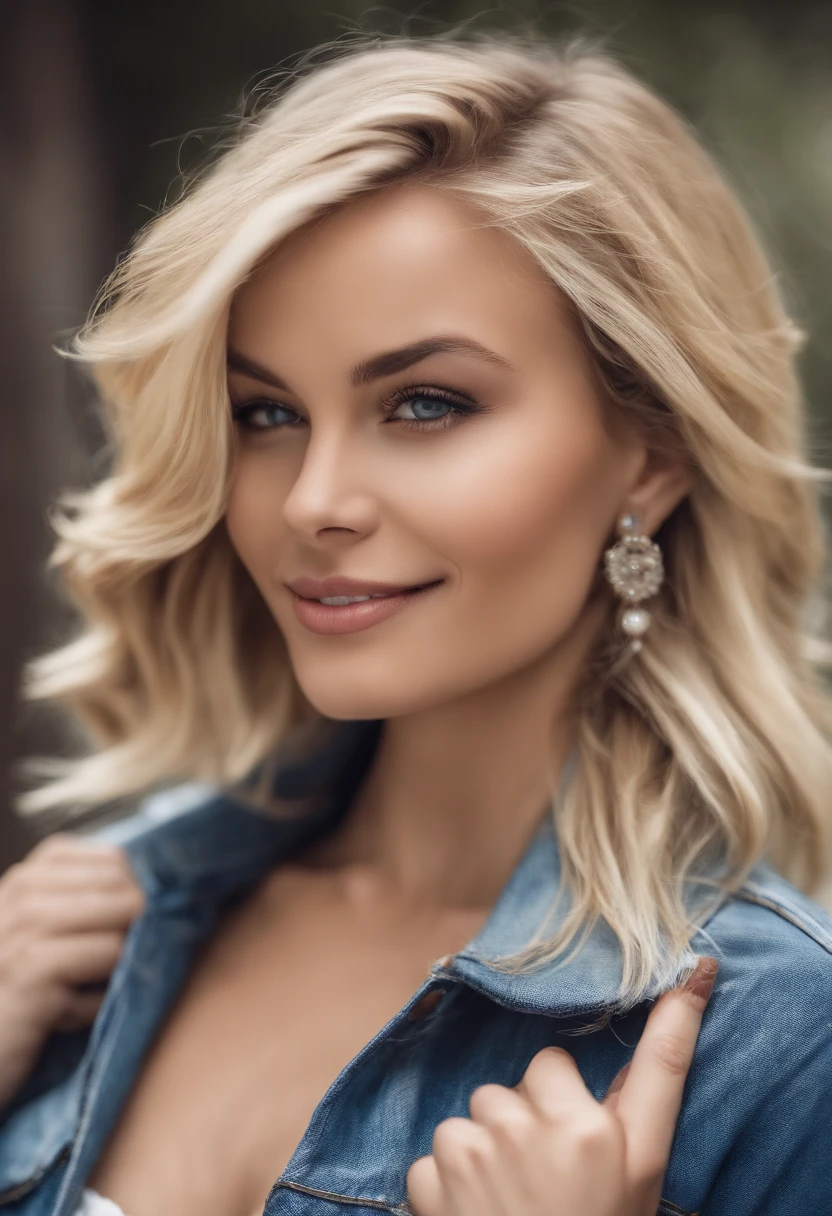1fille, seulement, Android 18, cheveux blonds, yeux bleus, Cheveux courts, joaillerie, earrings, sourire, veste, looking to the side, denim, veste en jean, Haut du corps, lingerie, mouth closed, nuage, ciel, jour, looking away, ciel bleu, clavicule,