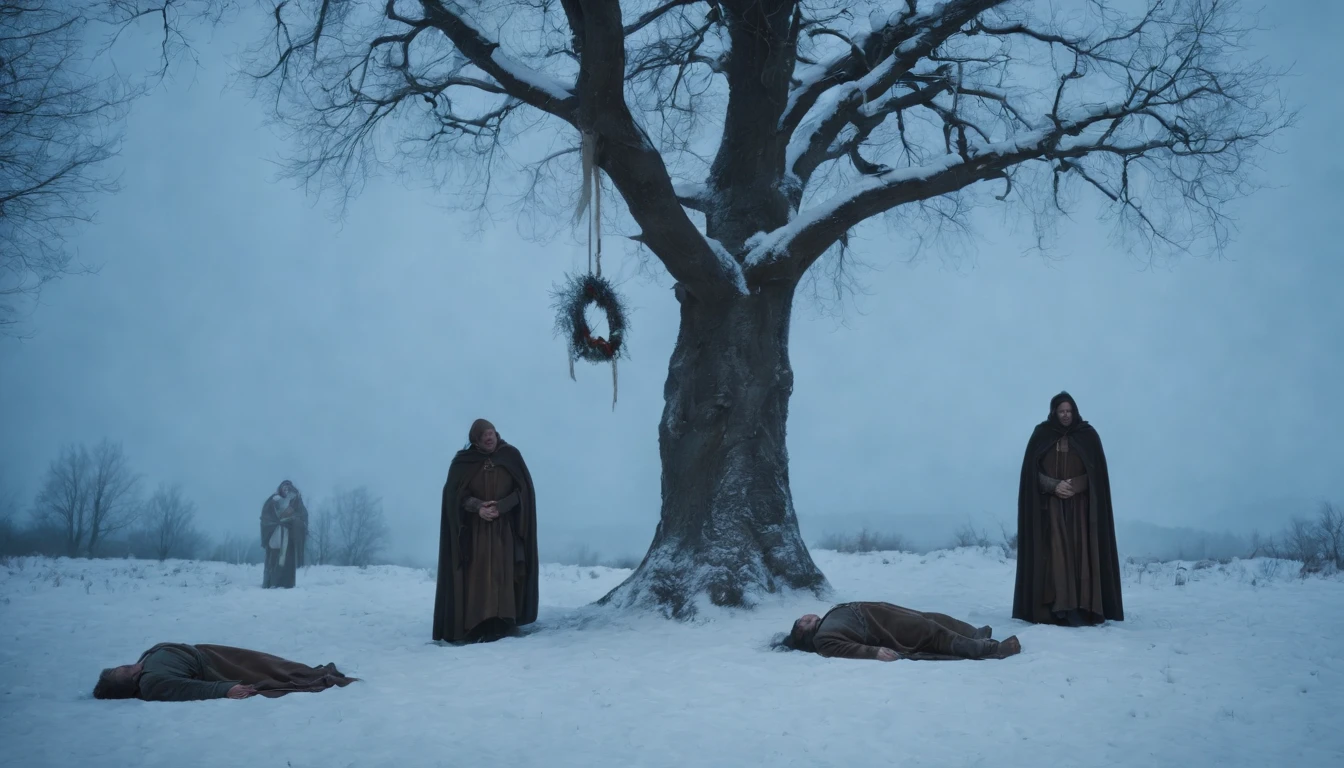 medieval hungary, three corpses hang limply from trees by the dirt roadside, snow, eerie, scary, mystical, night, moon in sky, cinematic scene from film