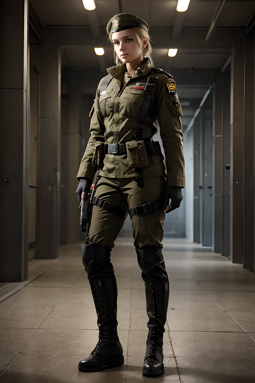 Sommersprossen im Gesicht, stehend, full-body shot, mechanisiertes Soldatenmädchen, Leise von Metal Gear Solid, Soldatenmädchen, in military uniform, Infantry Girl, Dieselpunk Soldier Girl, military uniform, Soldier Costume, Leise von Metal Gear Solid V, Military Girl, Weiblicher Solo-Charakter, Army Damenbekleidung, von Metal Gear, characterdesign