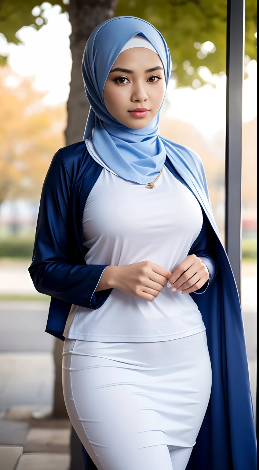 RAW, Best quality, high resolution, Masterpiece: 1.3), Beautiful Malay woman in hijab, Masterpiece, Perfect slim body, (Big breasts), Beautiful big eyes, Soft smile, Wearing a long, fine knit turtleneck t-shirt,Hair tie, morning walk, City park, Good lighting, Bright colors, Clean linesclose up image of a Malay woman wearing a hijap in a white shirt and blue shawl, wearing a white hijab, wearing a blouse with white sleeves, clear curved details, a seamless white tights suit, open chest v shirt, open jacket wide cleavage, the shirt is touching, beautiful design, close photo up half body, close up photo, attractive feminine curves, wearing a shirt, hijab, revealing clothes