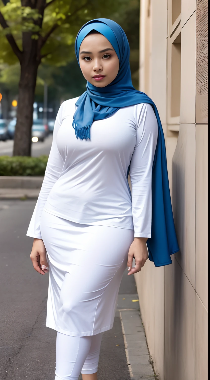 RAW, Best quality, high resolution, Masterpiece: 1.3), Beautiful Malay woman in hijab, Masterpiece, Perfect slim body, (Big breasts), Beautiful big eyes, Soft smile, Wearing a long, fine knit turtleneck t-shirt,Hair tie, morning walk, City park, Good lighting, Bright colors, Clean linesclose up image of a Malay woman wearing a hijap in a white shirt and blue shawl, wearing a white hijab, wearing a blouse with white sleeves, clear curved details, a seamless white tights suit, open chest v shirt, open jacket wide cleavage, the shirt is touching, beautiful design, close photo up half body, close up photo, attractive feminine curves, wearing a shirt, hijab, revealing clothes