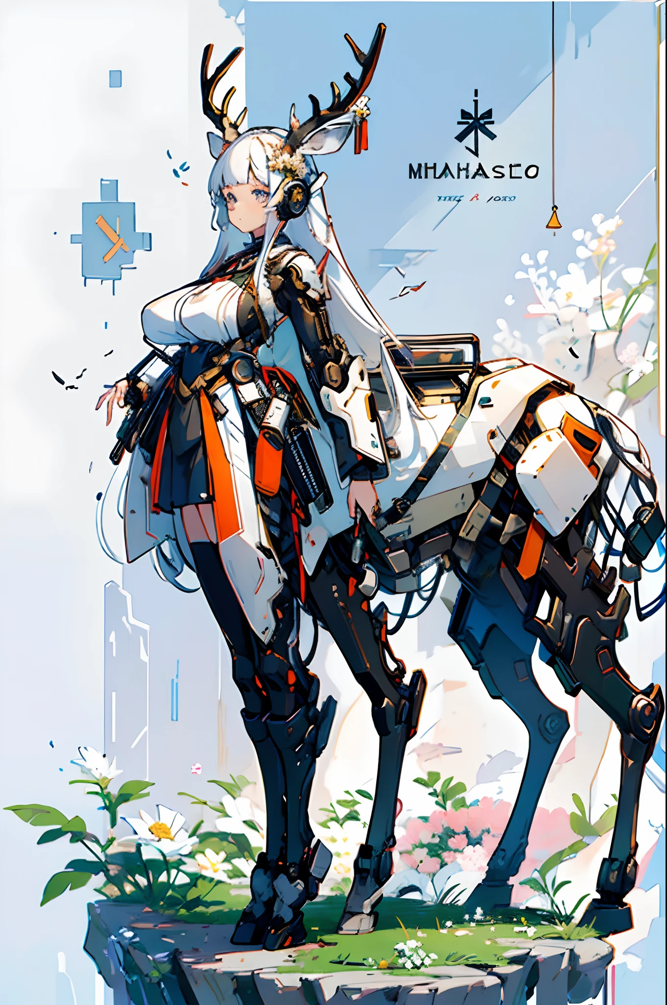 (masterpiece), (best quality), 8k resolution, 1girl, Asian girl, stunning beauty, perfect face, big breast, mature female, 20yo, sexy, mecha armor, deer ear, huge deer horns, long hair, white hair, simple background, full body, deer body, white flowers at background