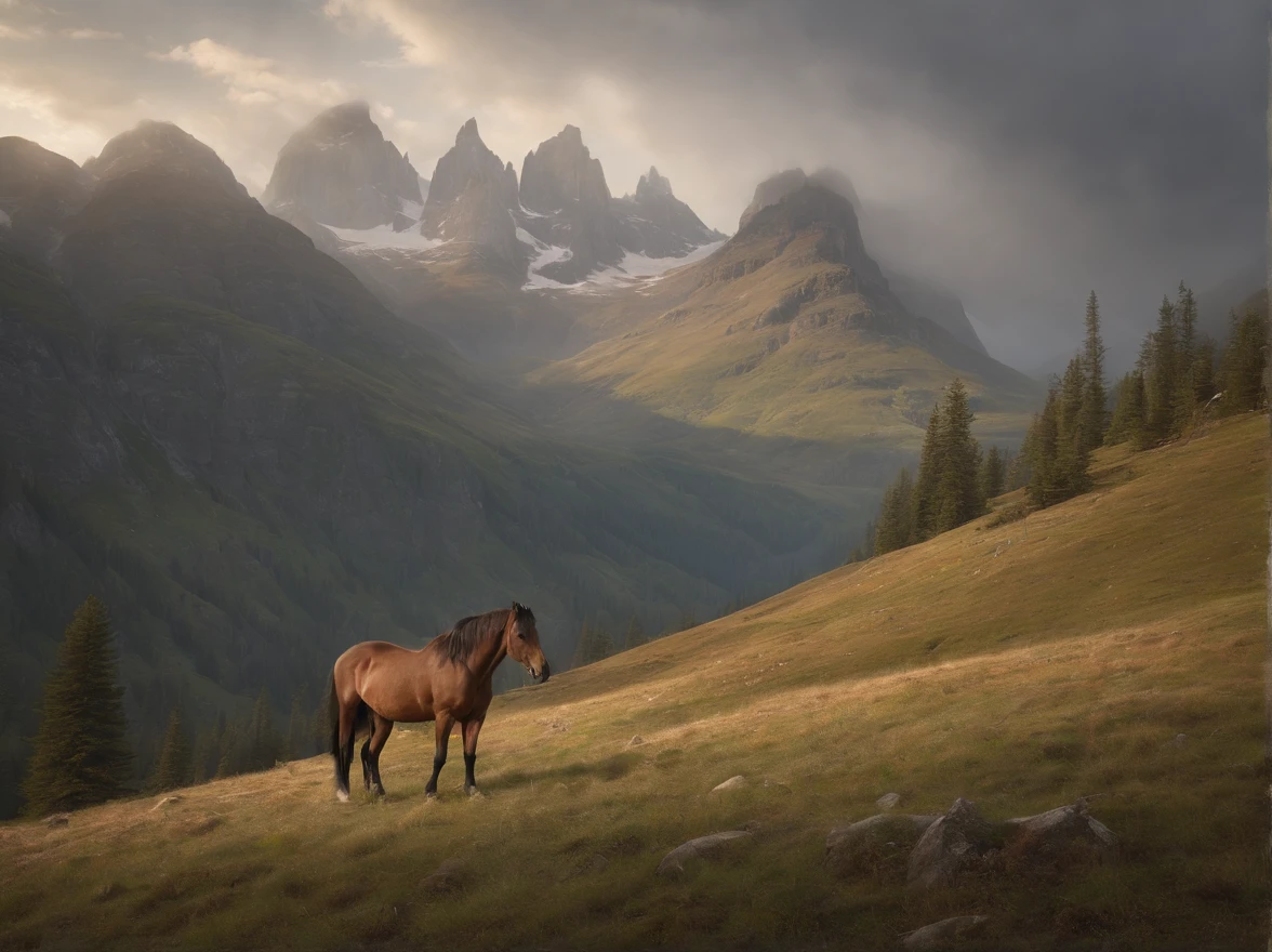 painting of a mountain scene with a lone horse in the foreground, estilo tonalismoo, Tonal painting, tonalismo, tonalismo!, inspirado em Asher Brown Durand, inspirado em Benjamin Williams Leader, inspirado em William Trost Richards, Tiago Bama, inspirado em John Frederick Kensett, paisagem florestal, pintura de uma floresta, Directed by: Hermann Rüdisühli