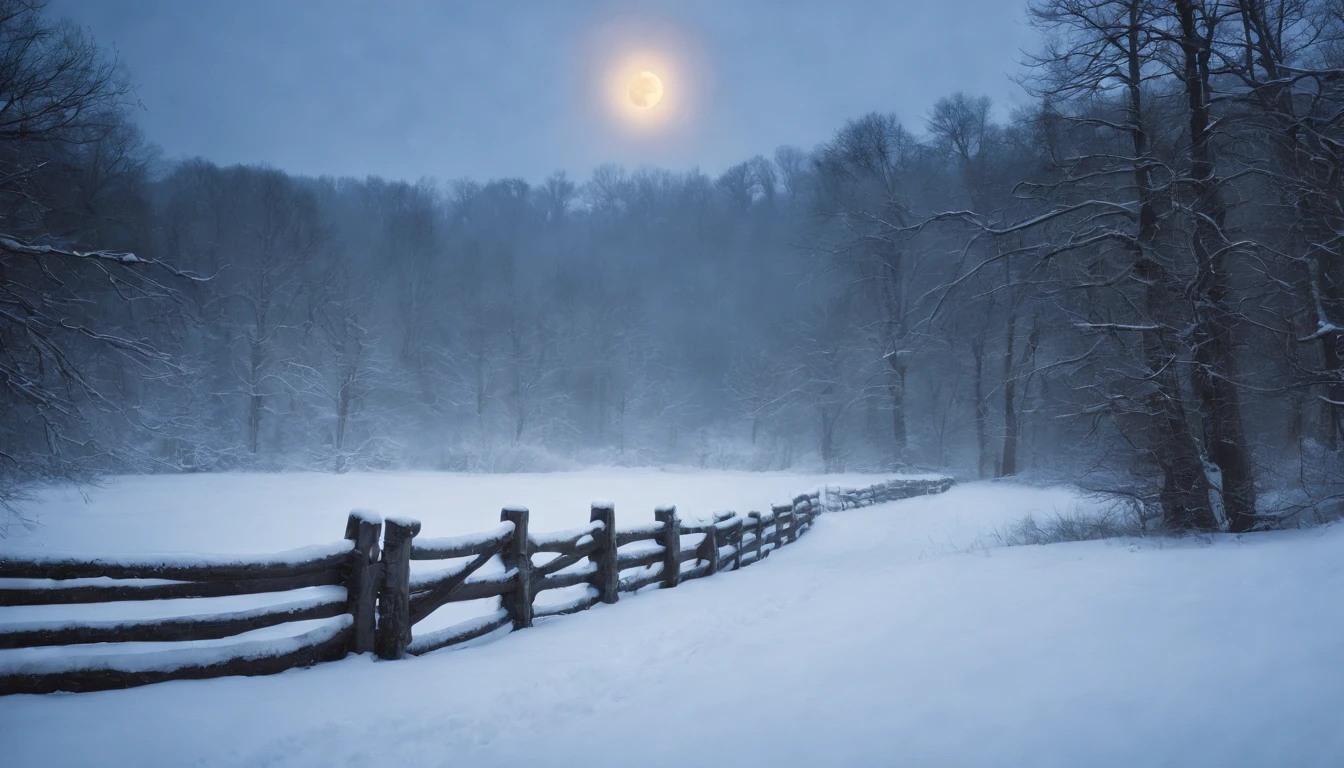 medieval hungary, large moon rising, snowy forest, gothic, eerie, scary, mystical, cinematic scene from film