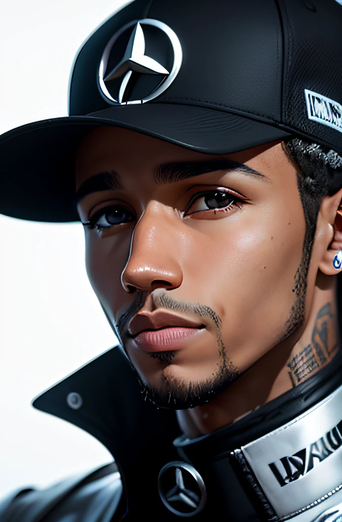 Lewis Hamilton, portrait haut du corp, Formule 1, Look into the camera, specular lighting, Volumetric light of the face, barbe longue noire, boucles d'oreille, bijoux, combinaison noire de marque Mercedes