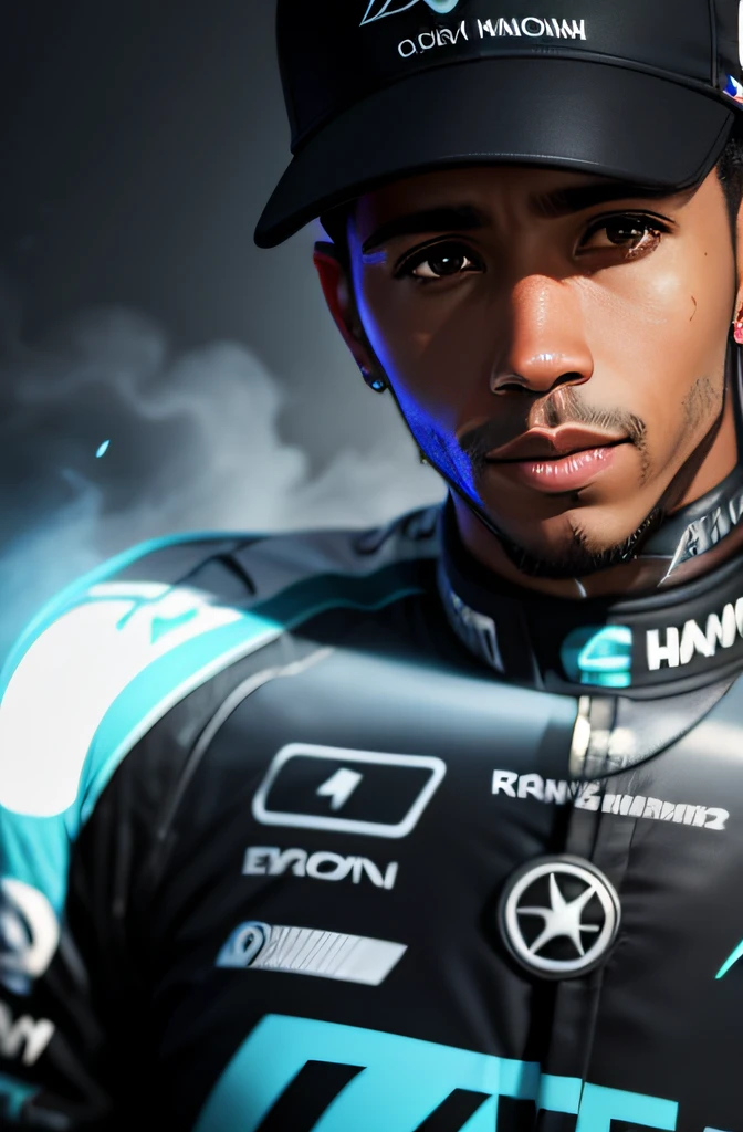 Lewis Hamilton, Formule 1, Look into the camera, specular lighting, Volumetric light of the face, combinaison noire