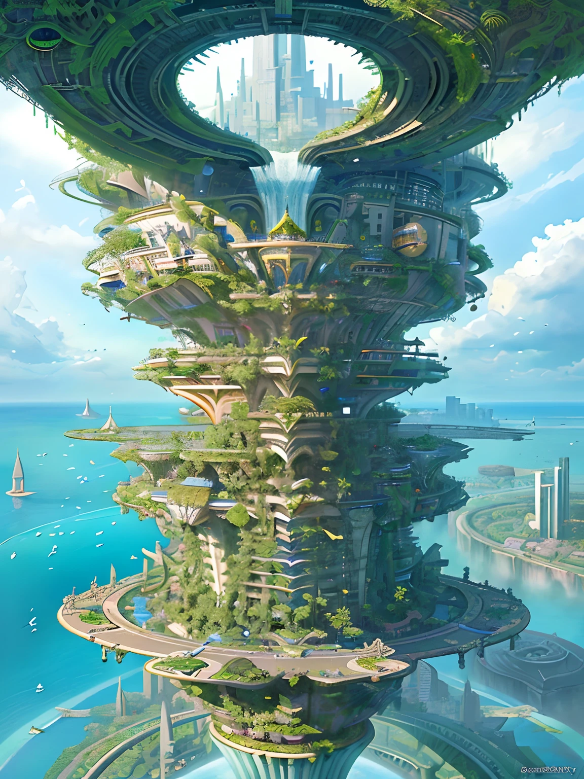 aerial view, stacked architecture city on giant towers and rings with many arches and bridges and flowering terraces, colorful vegetation, sci-fi futuristic architecture, waterfalls, many boats and ships, a matte painting by james gurney, trending on cgsociety, oversaturated, ultra sharp, hyper realistic