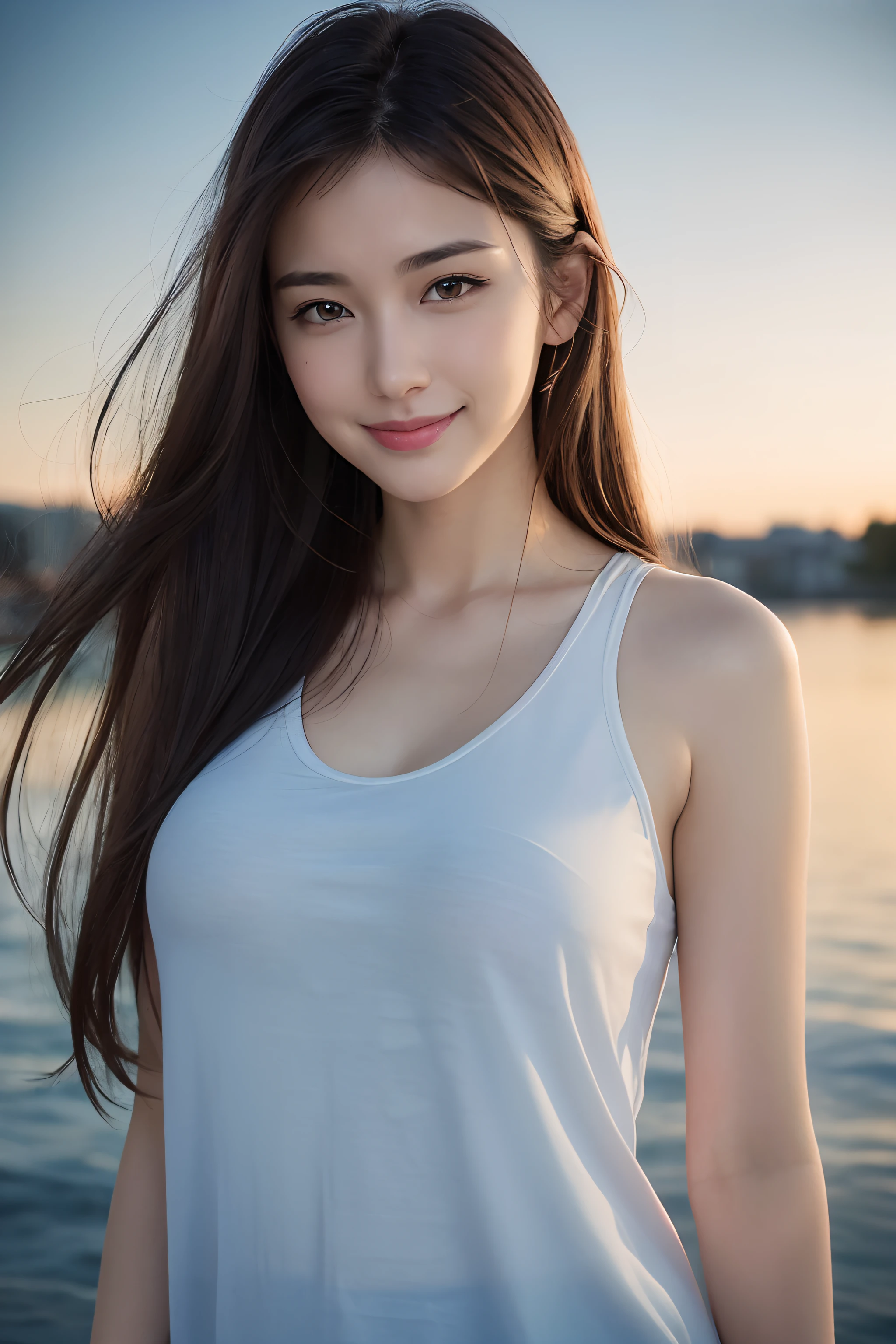 (8K, Best Quality, masutepiece:1.2), (Realistic, Photorealsitic:1.37), Ultra-detailed, 1 girl,Cute, Solo,Beautiful detailed sky,Dating,(nose blush),(Smile:1.15),(Closed mouth) Big breasts,Beautiful detailed eyes, (Long hair:1.2),Floating Hair NovaFrogStyle, fullllbody, Tank top