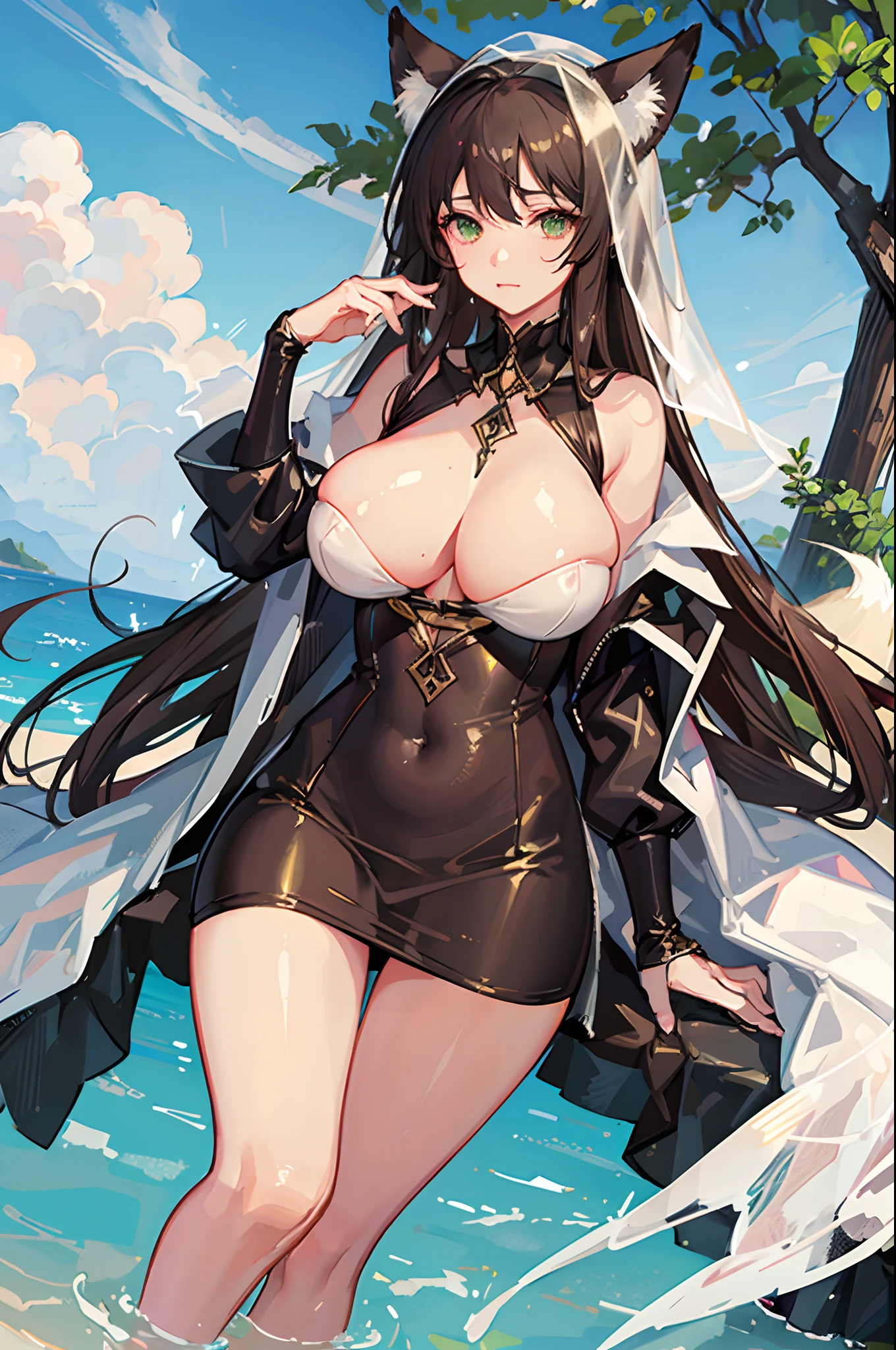 (Masterpiece, best quality, beautiful eyes, highly detailed, high res), 1girl, fox girl, fox ears, fox tail, brown hair, green eyes, mature woman, massive breasts, massive cleavage, white dress, sexy, veil, shiny skin, wet skin, water, goddess, wet clothes, shiny clothes, beautiful face, mommy body,  smug and confident, motherly, authoritarian, bodysuits, tight clothes,