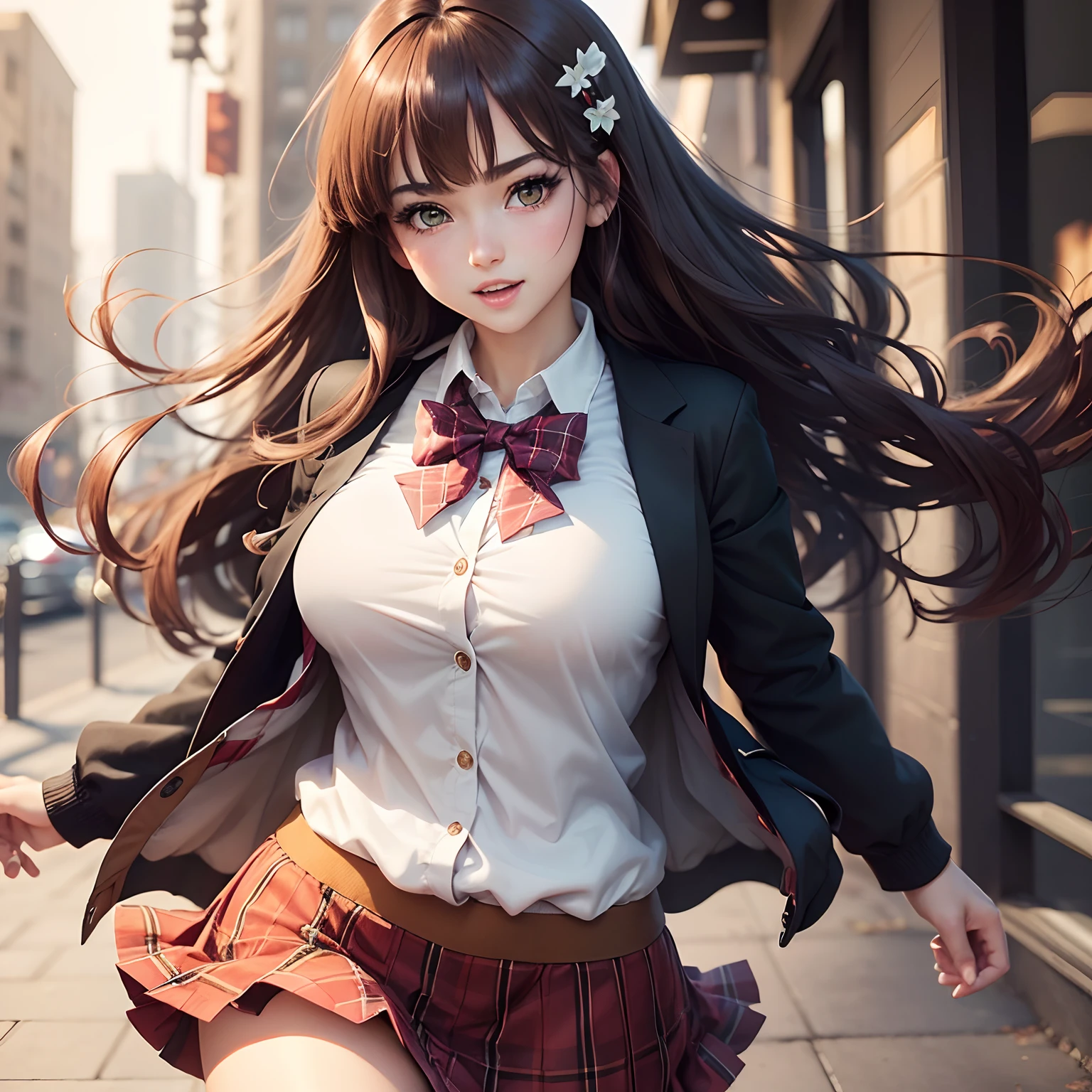 ((masutepiece, Best Quality, hight resolution, nffsw, Perfect Pixel, depth of fields, 4K, nffsw, nffsw))), 1girl in, Single, Solo, Beautiful anime girl, Beautiful Art Style, Anime Character, ((Long hair, Bangs, Brown hair, Simple hairpin)), ((Green eyes:1.4, rounded eyes, Beautiful eyelashes, Realistic eyes)), ((Detailed face, Blushing:1.2)), ((Smooth texture:0.75, Realistic texture:0.65, Photorealistic:1.1, Anime CG style)), large full breasts, Dynamic Angle, Perfect body, ((Portrait, POV)), ((red bowtie, School uniform, Black jacket, Open jacket, Brown cardigan, White shirt, Black skirt, plaid skirts)), Smile, Open mouth, Skirt flipping in the wind,run,