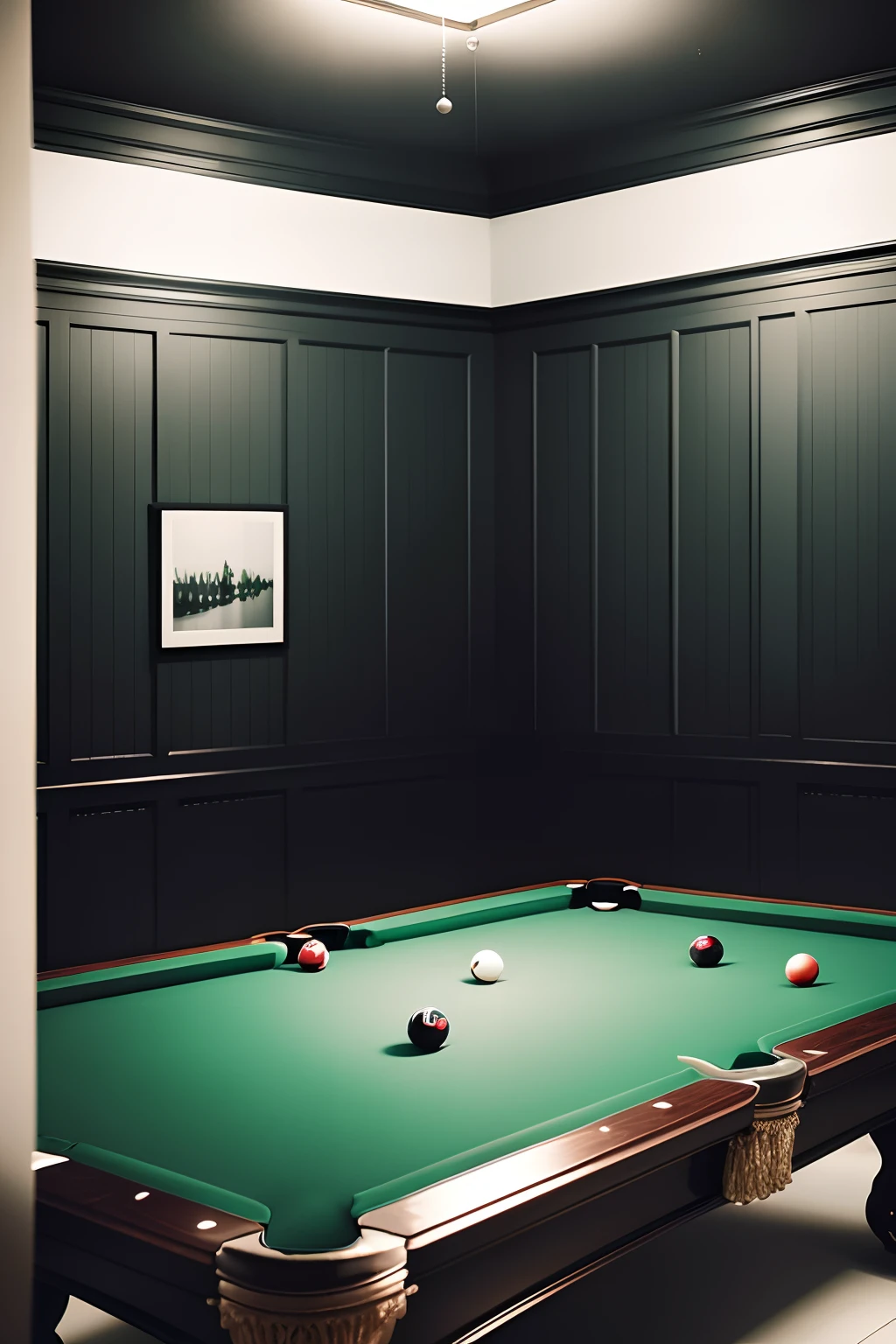 green billard table with balls, black cue on table, light lamp above, smoky atmosphere, black&white billard photos on walls
