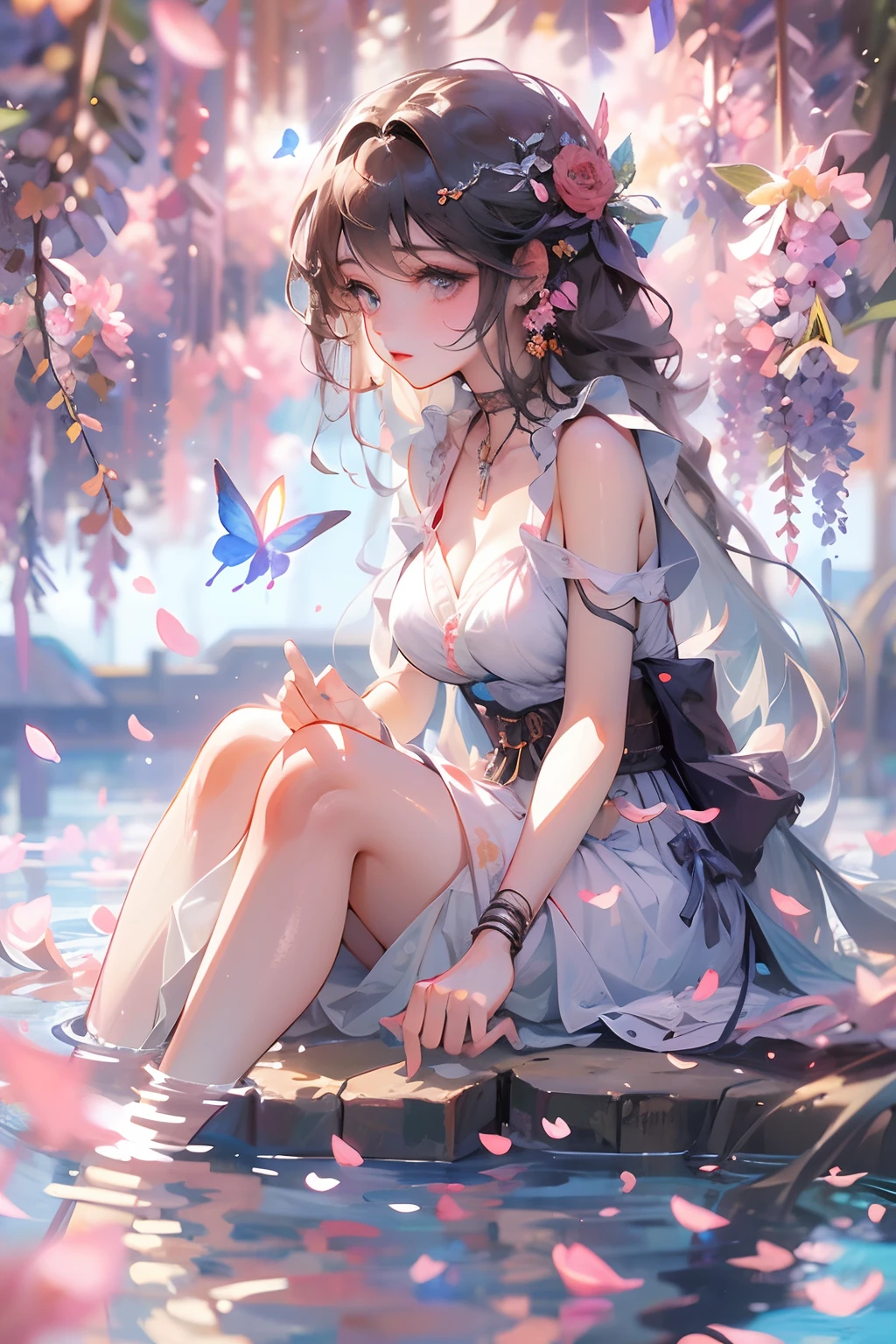 masterpiece, best quality, ultra-detailed, illustration, 1girl, solo,((sitting in the shallow water, surrounded by pink sakura petals floating on the water)), butterfly, wisteria, electricity, blue sky, cloudy sky,(large breasts), ((eye focus)), expressionless, critical angle, bokeh, depth of field, ((eye focus)), light glowing particles, arms behind back,