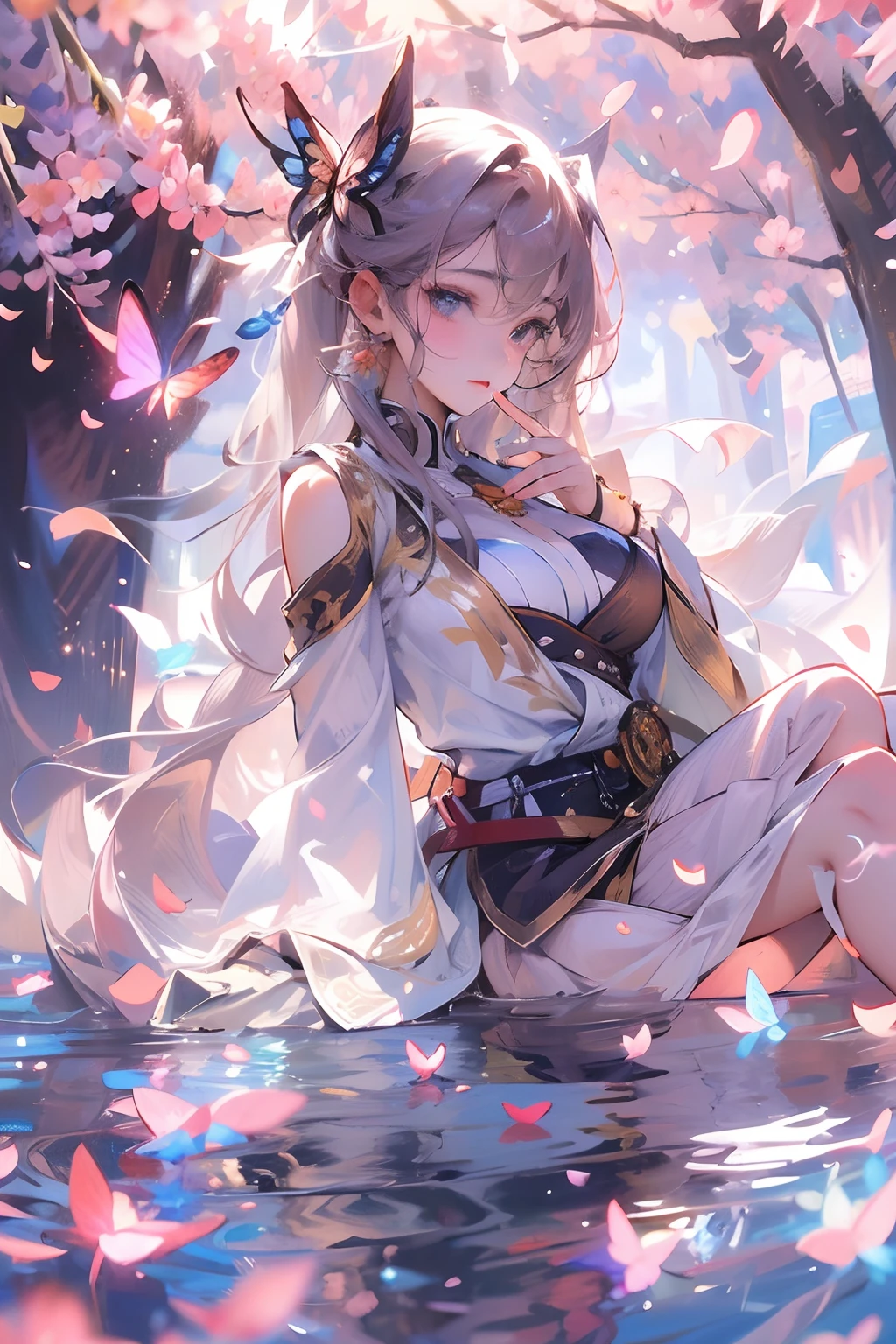 masterpiece, best quality, ultra-detailed, illustration, 1girl, solo,((sitting in the shallow water, surrounded by pink sakura petals floating on the water)), butterfly, wisteria, electricity, blue sky, cloudy sky,(large breasts), ((eye focus)), expressionless, critical angle, bokeh, depth of field, ((eye focus)), light glowing particles, arms behind back,