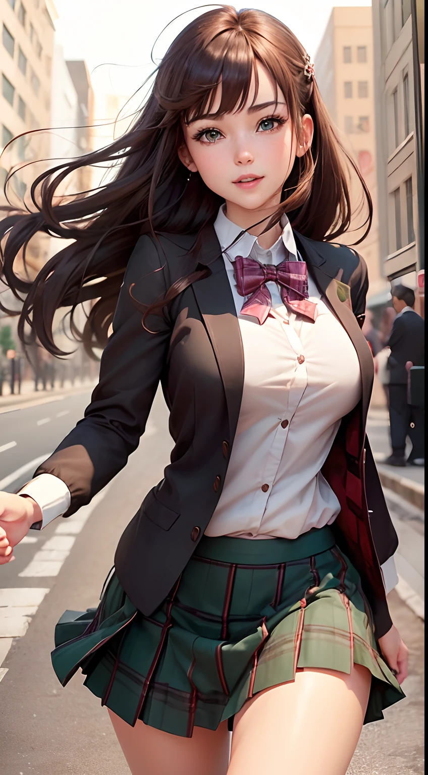 ((masutepiece, Best Quality, hight resolution, nffsw, Perfect Pixel, depth of fields, 4K, nffsw, nffsw))), 1girl in, Single, Solo, Beautiful anime girl, Beautiful Art Style, Anime Character, ((Long hair, Bangs, Brown hair, Simple hairpin)), ((Green eyes:1.4, rounded eyes, Beautiful eyelashes, Realistic eyes)), ((Detailed face, Blushing:1.2)), ((Smooth texture:0.75, Realistic texture:0.65, Photorealistic:1.1, Anime CG style)), large full breasts, Dynamic Angle, Perfect body, ((Portrait, POV)), ((red bowtie, School uniform, Black jacket, Open jacket, Brown cardigan, White shirt, Black skirt, plaid skirts)), Smile, Open mouth, Skirt flipping in the wind,run,run, FULL BODYSHOT, Fulll body Shot