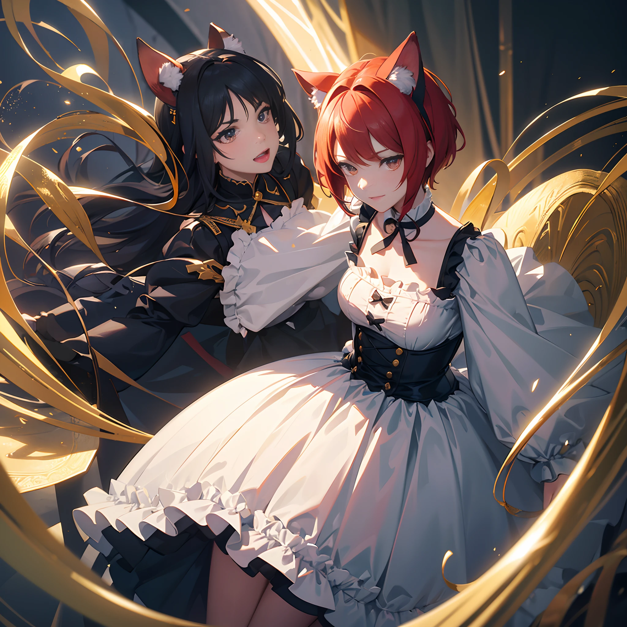 （girl cartoon illustration:1.3, highly detailed cat ears, highly detailed cat tail:1.3, Highly detailed beautiful frills maid clothes）, Very fine and beautiful red shortcut hair, Very detailed and beautiful golden eyes, break, extraordinary masterpiece, Highest quality:2, Detail description: 1.3, v-ray rendering:1.3, octane rendering:1.3, convey emotions Portrait, Light and shadow, cinematic lighting, Catchlight Eyes:1.3, color harmony, break, dynamic action, dynamic pose, detailed grassland, shy smile,
