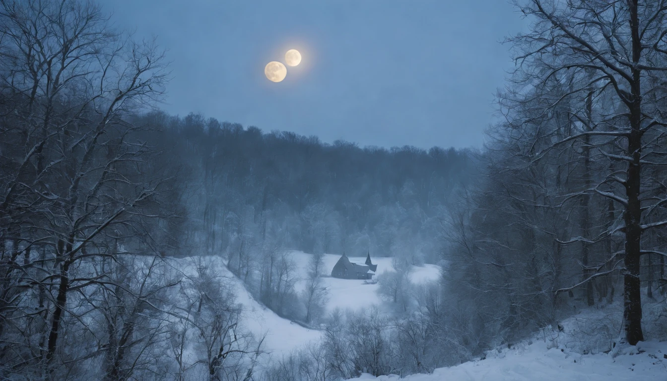 medieval hungary, large moon rising, snowy forest, gothic, eerie, scary, mystical, cinematic scene from film