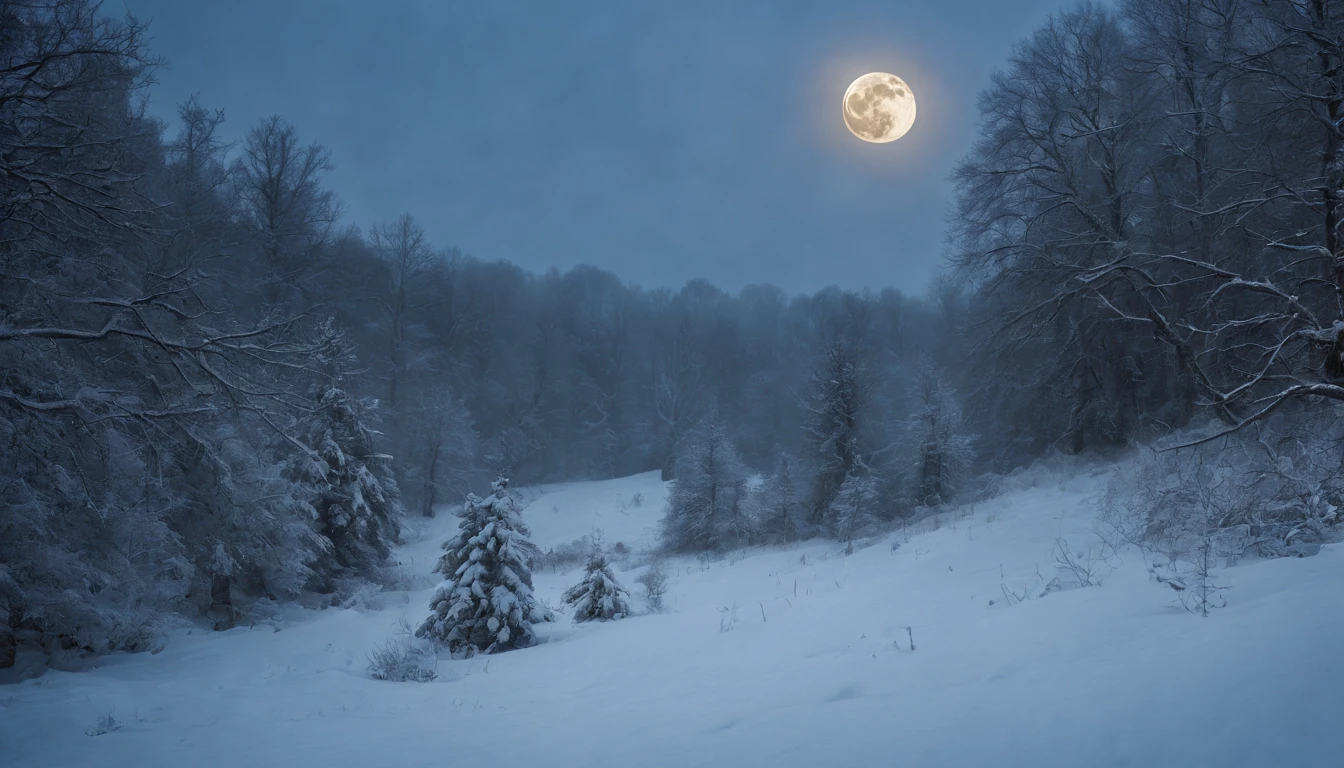 medieval hungary, large moon rising, snowy forest, gothic, eerie, scary, mystical, cinematic scene from film