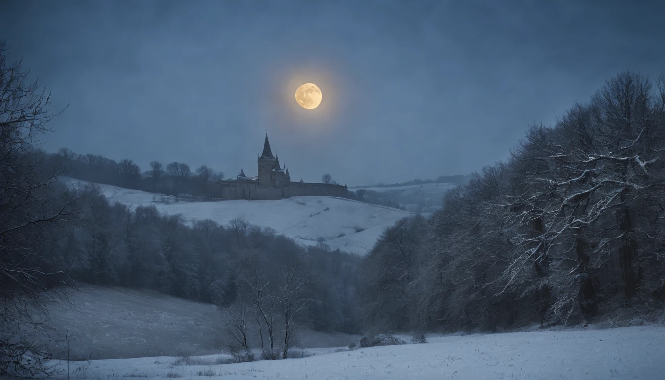 medieval hungary, large moon rising, snowy forest, gothic, eerie, scary, mystical, cinematic scene from film