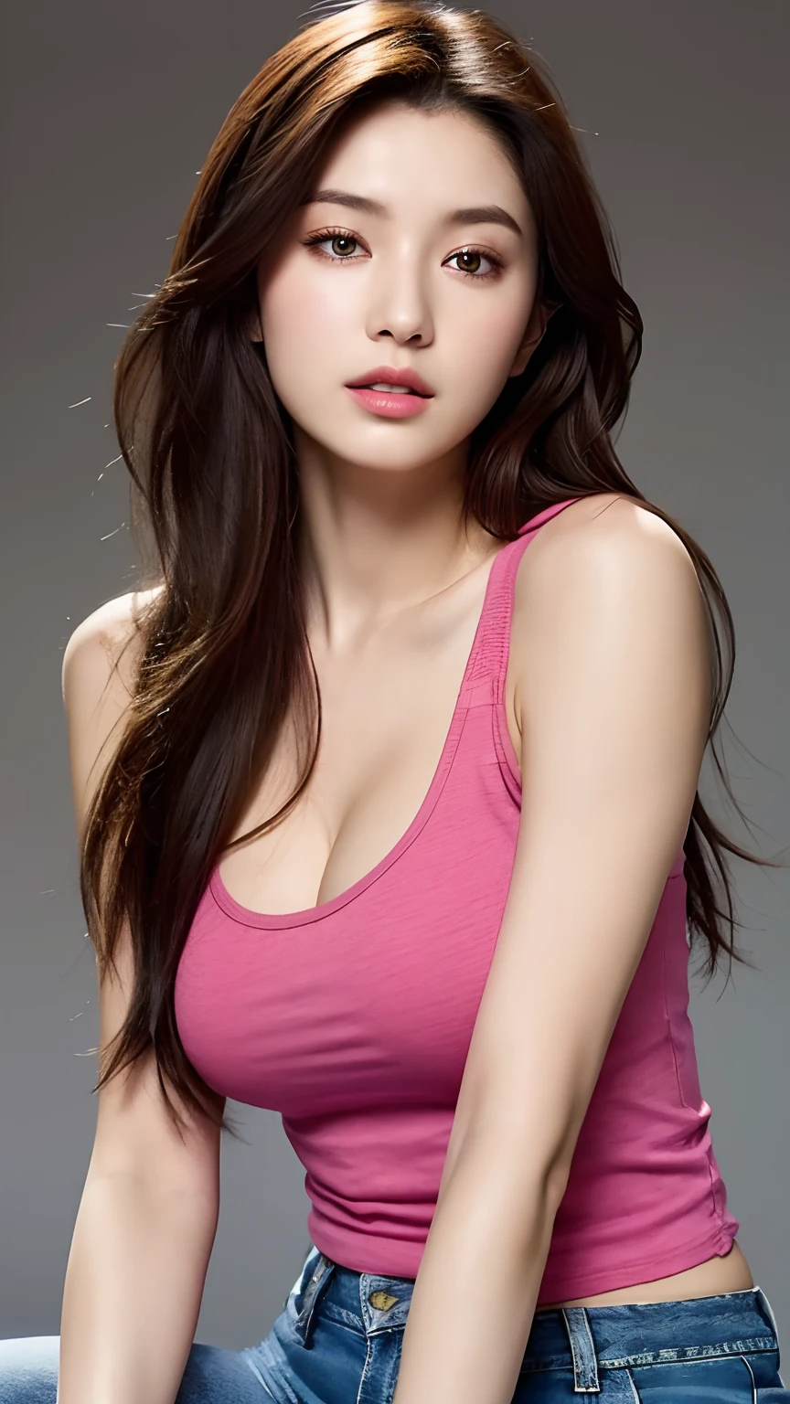 （lifelike， high - resolution：1.3）， 1 girl with a perfect body， Super fine face and eyes，slong hair， Tank top of random colors：1.2， short jeans， big boob，Expose cleavage